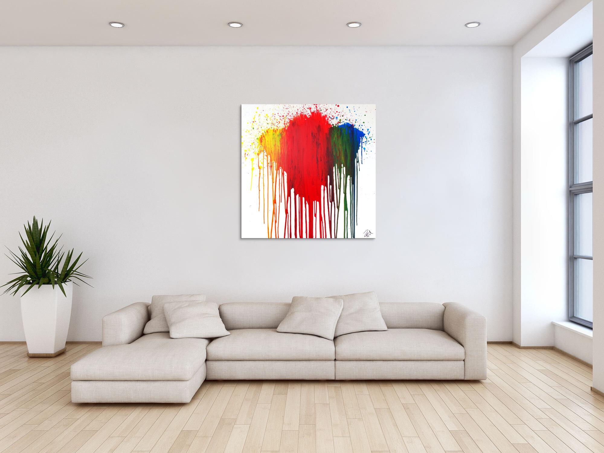 Abstraktes Acrylbild modern in fließtechnis rot gelb grün blau auf weiß zeitgenössisch