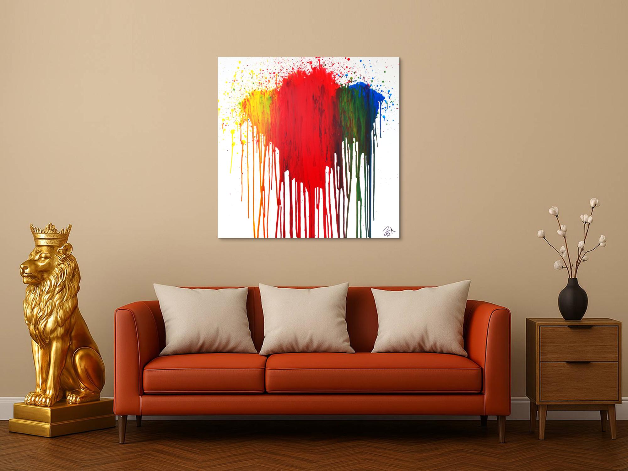 Abstraktes Acrylbild modern in fließtechnis rot gelb grün blau auf weiß zeitgenössisch