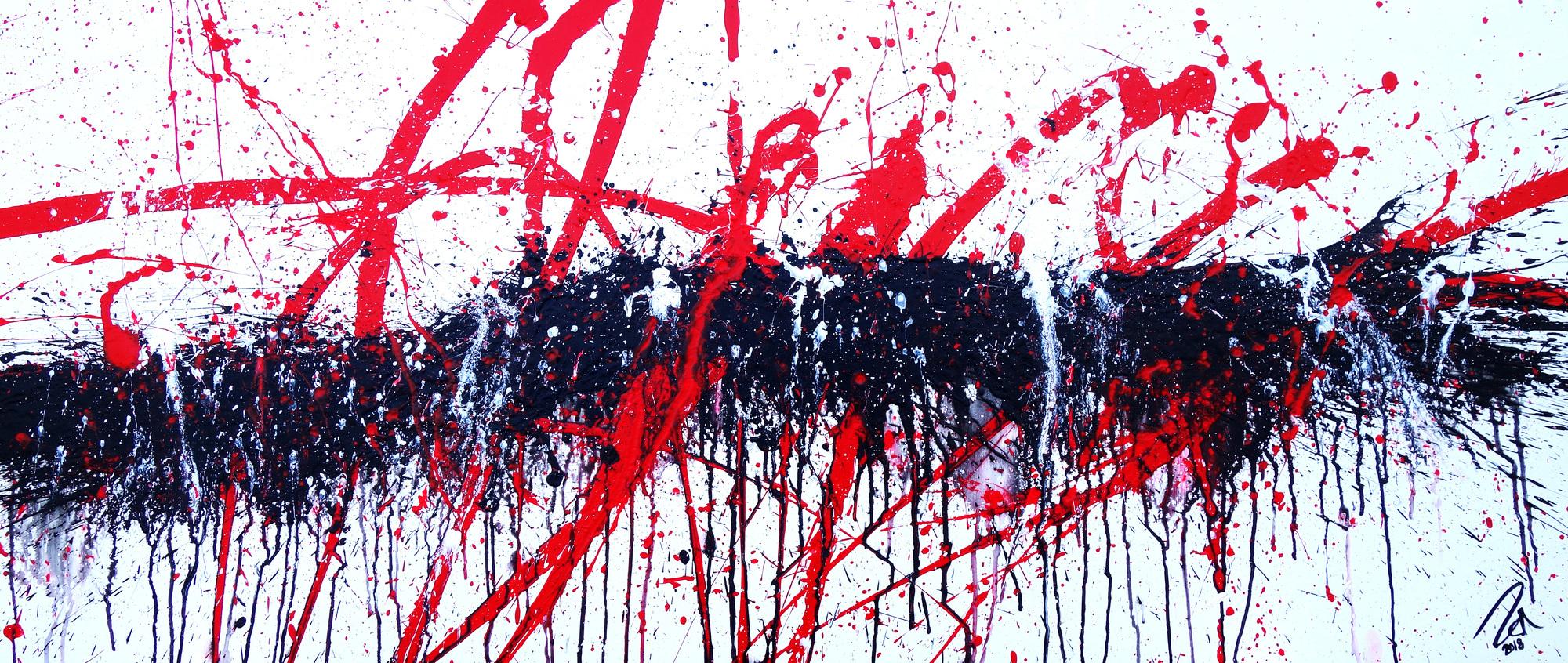 Abstraktes Acrylbild modern Action Painting in weiß schwarz rot