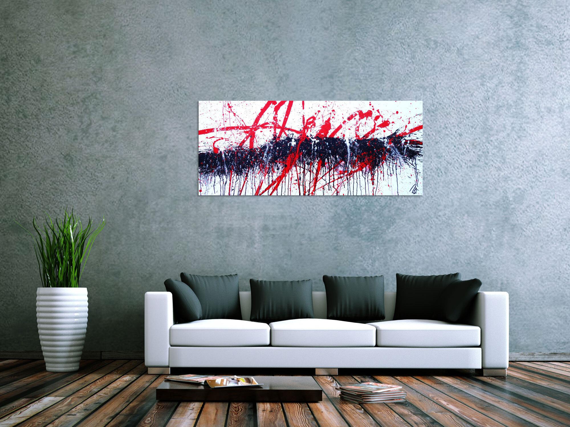 Abstraktes Acrylbild modern Action Painting in weiß schwarz rot