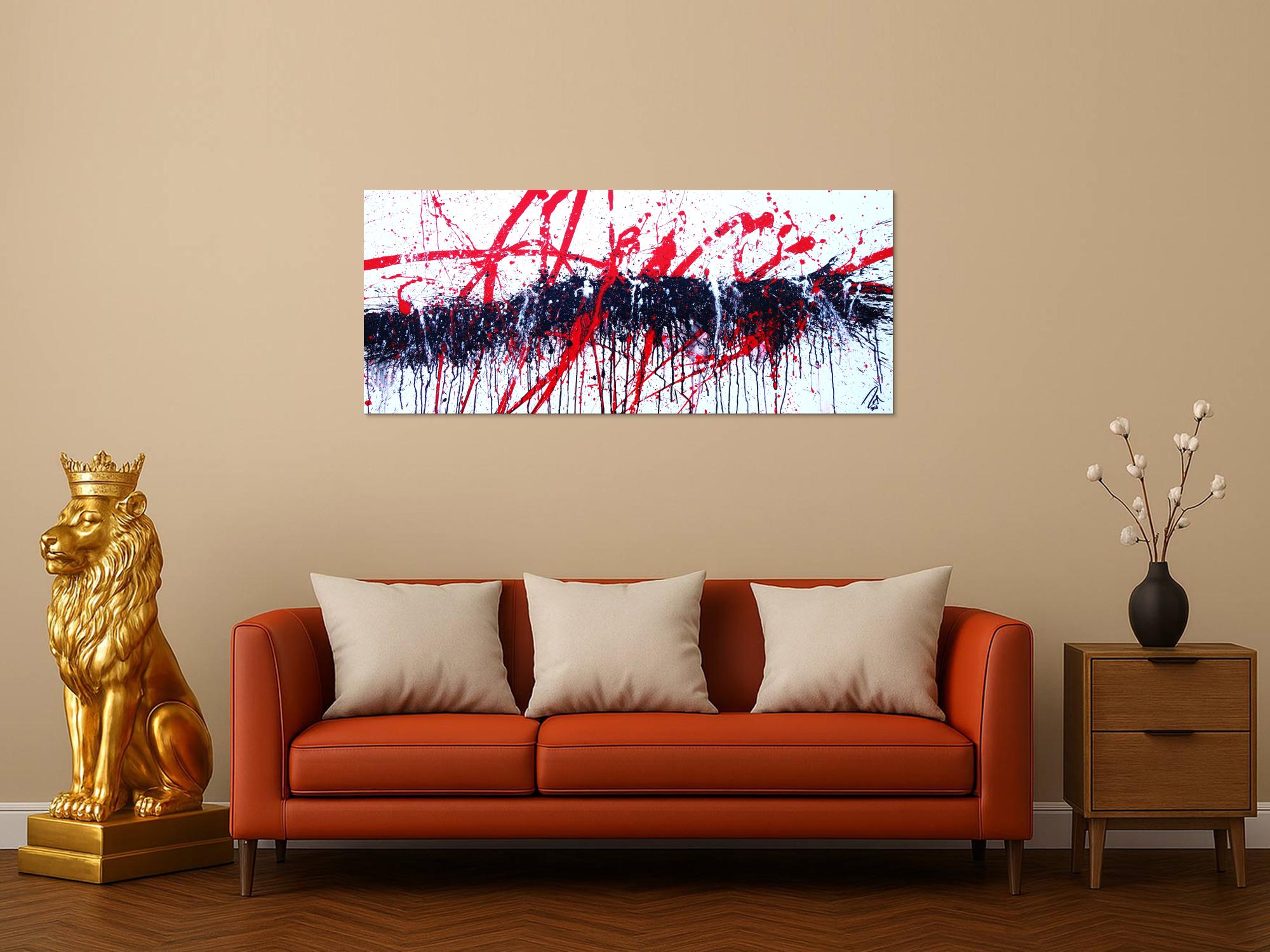 Abstraktes Acrylbild modern Action Painting in weiß schwarz rot