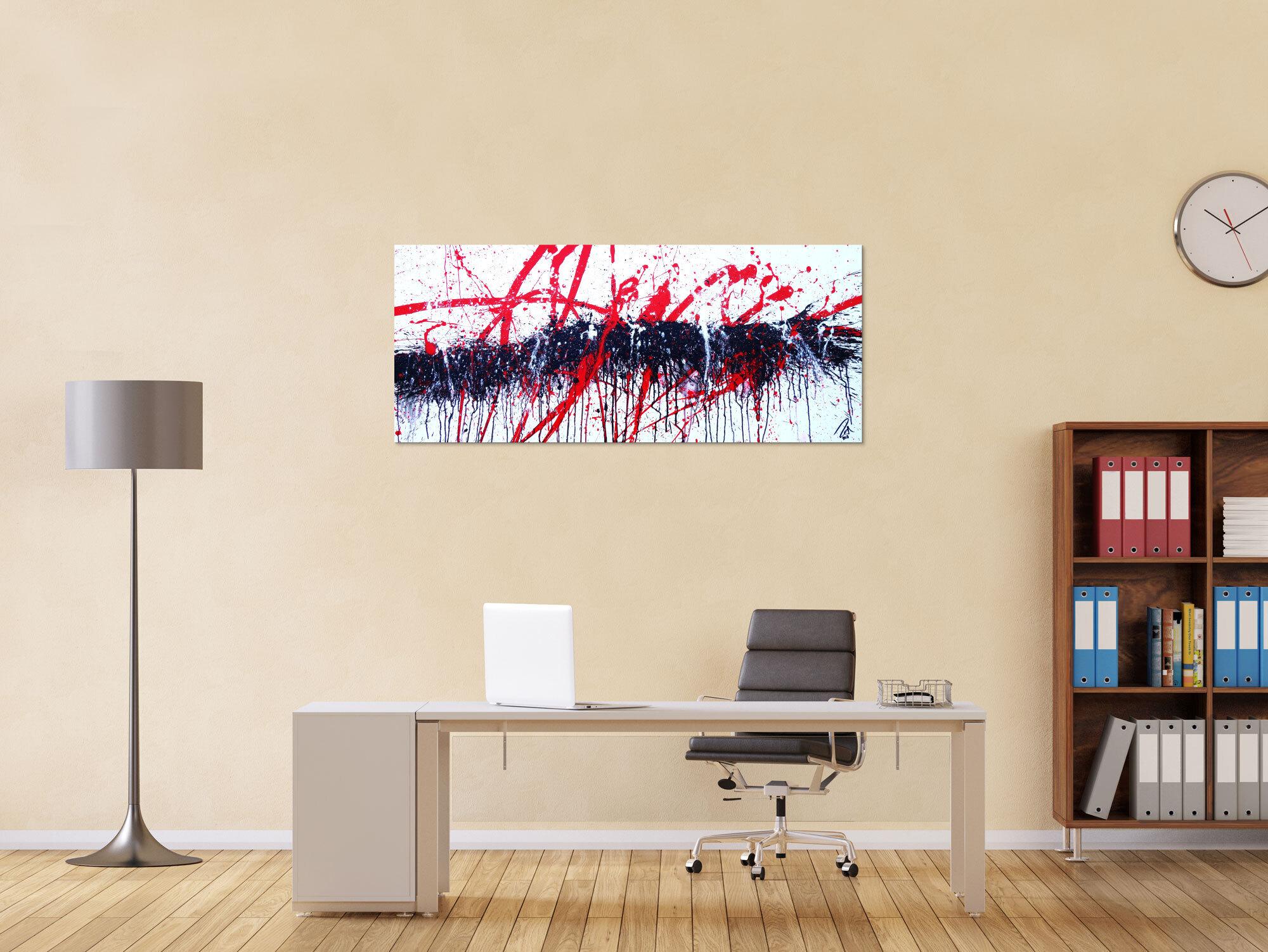 Abstraktes Acrylbild modern Action Painting in weiß schwarz rot