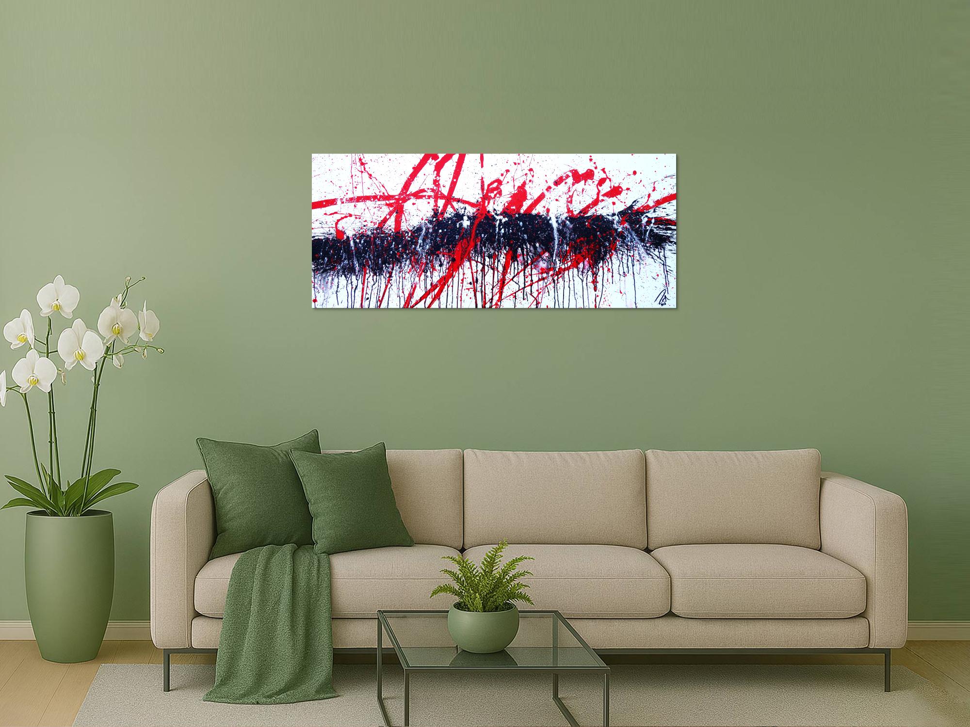 Abstraktes Acrylbild modern Action Painting in weiß schwarz rot