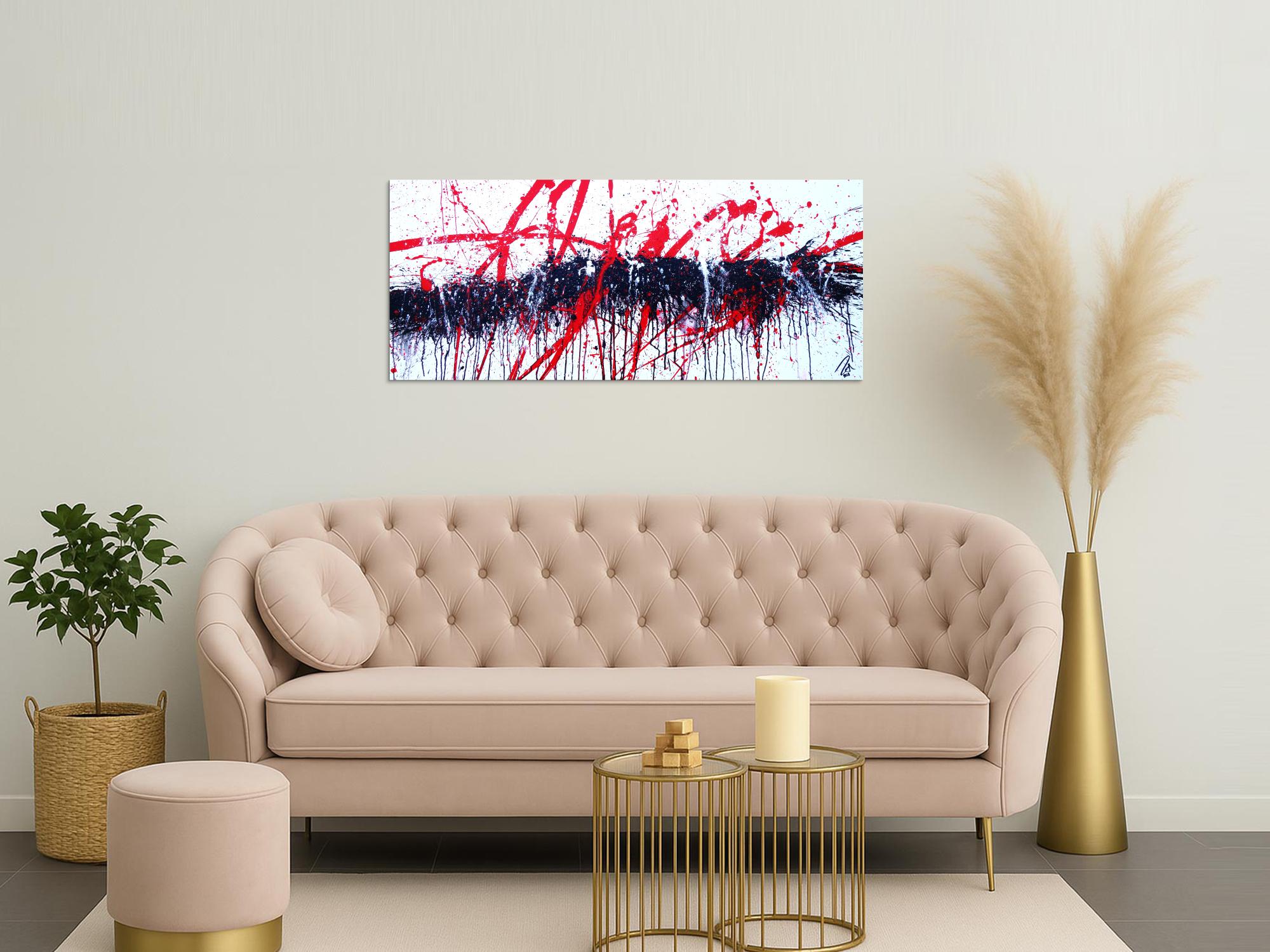 Abstraktes Acrylbild modern Action Painting in weiß schwarz rot