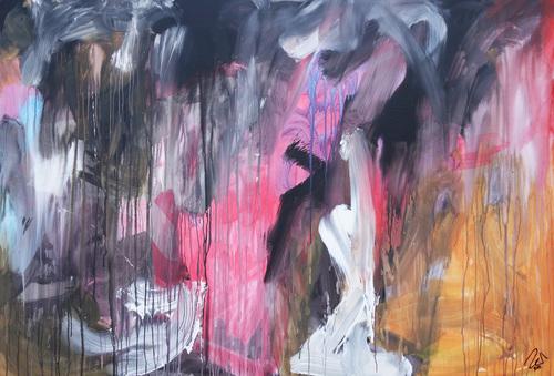 Abstraktes Acrylbild modern Mischtechnik pintk schwarz weiß orange zeitgenössisch