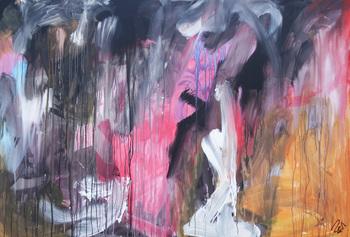 Abstraktes Acrylbild modern Mischtechnik pintk schwarz weiß orange zeitgenössisch