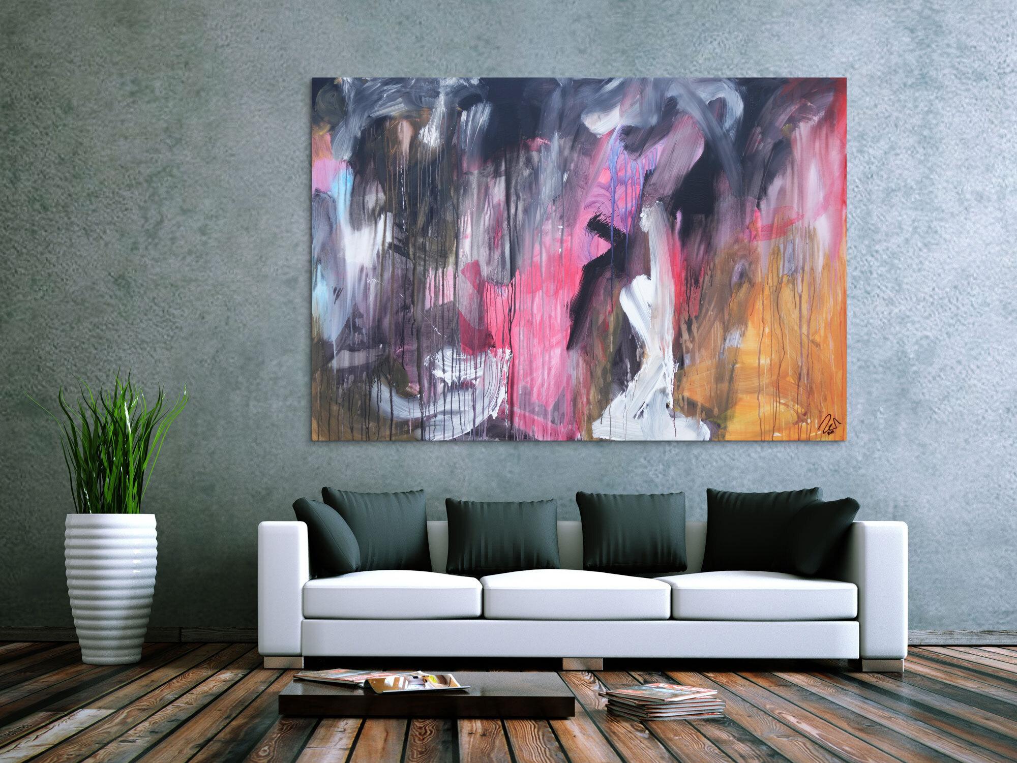 Abstraktes Acrylbild modern Mischtechnik pintk schwarz weiß orange zeitgenössisch