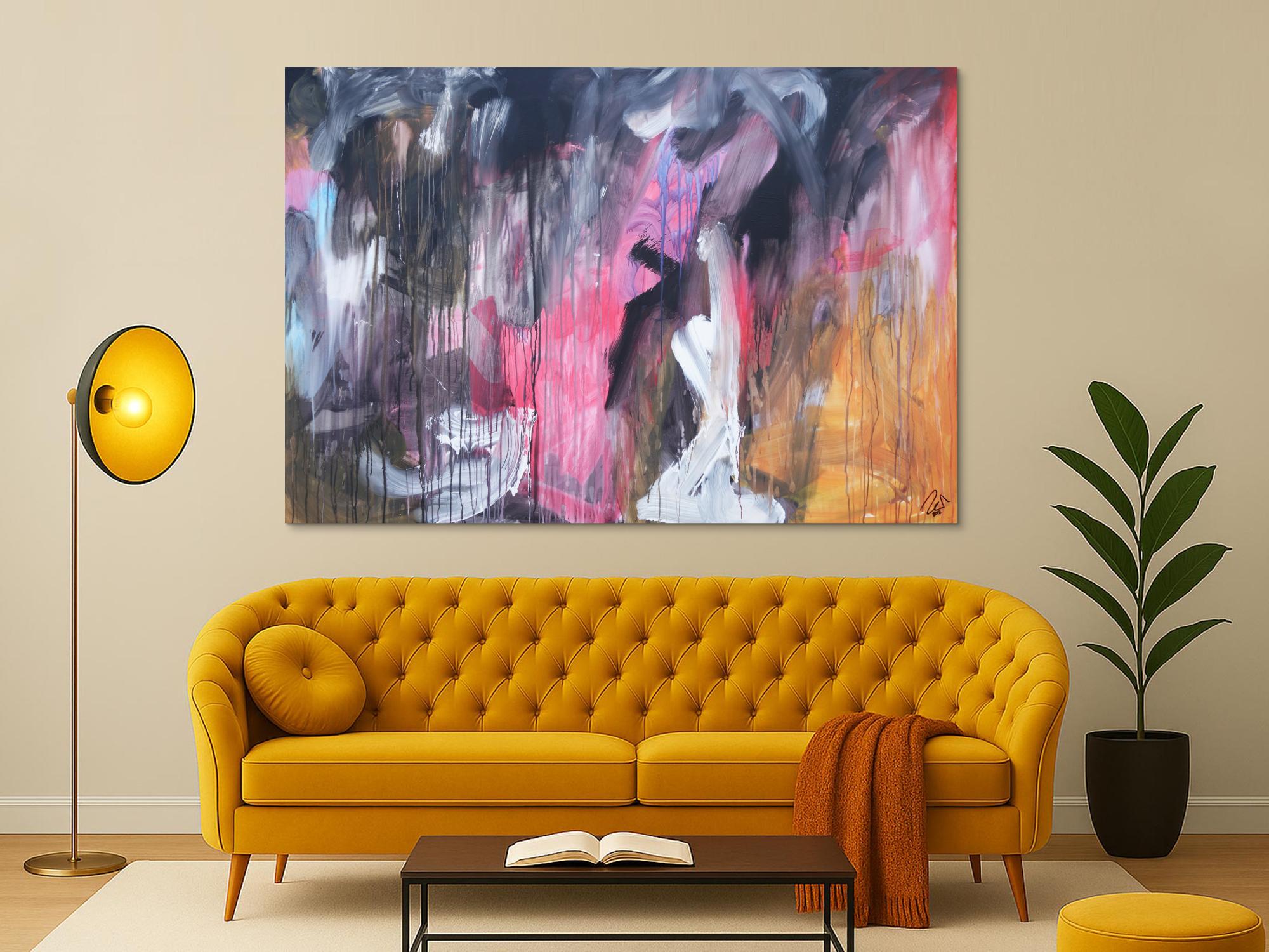 Abstraktes Acrylbild modern Mischtechnik pintk schwarz weiß orange zeitgenössisch