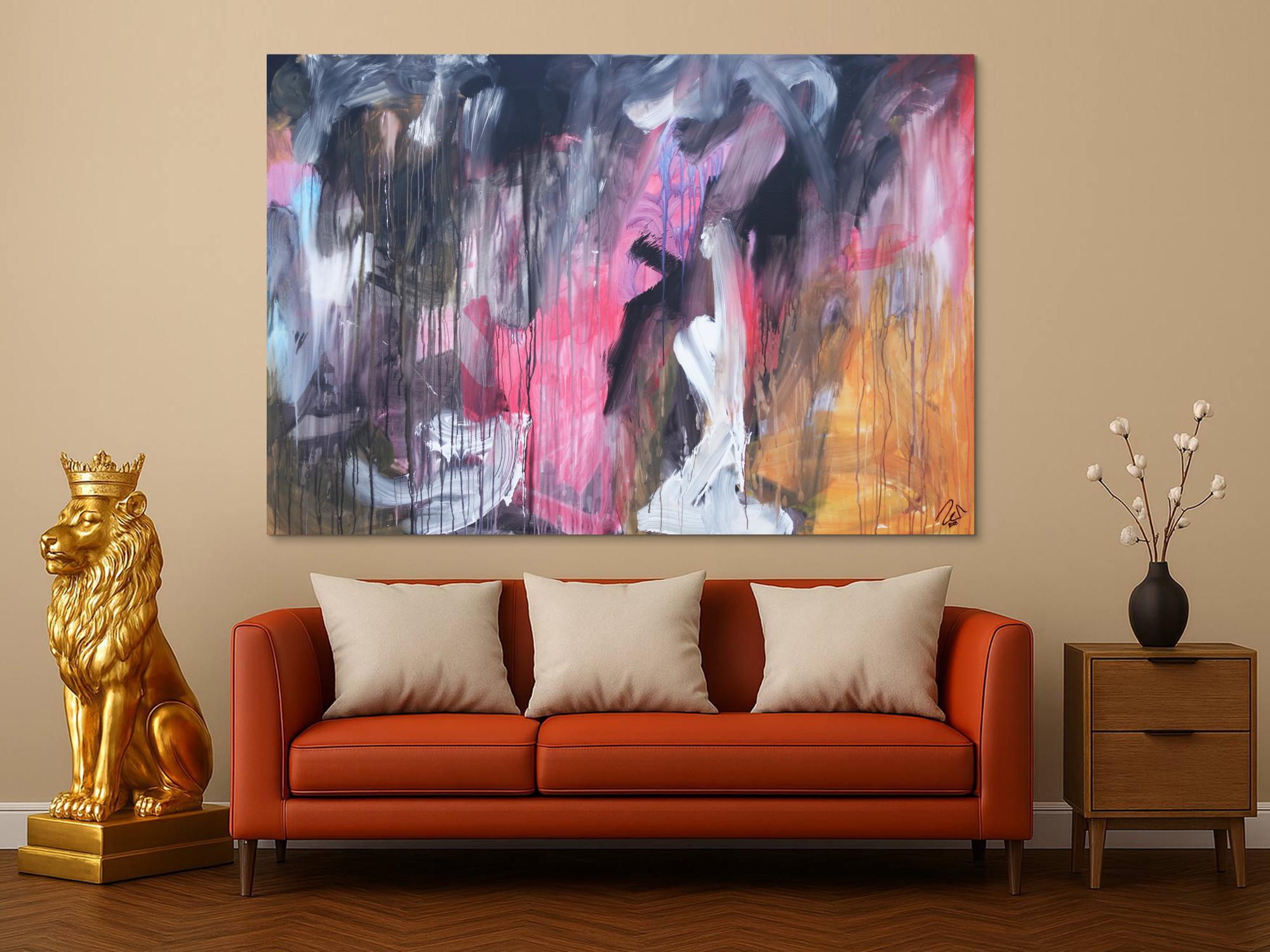 Abstraktes Acrylbild modern Mischtechnik pintk schwarz weiß orange zeitgenössisch