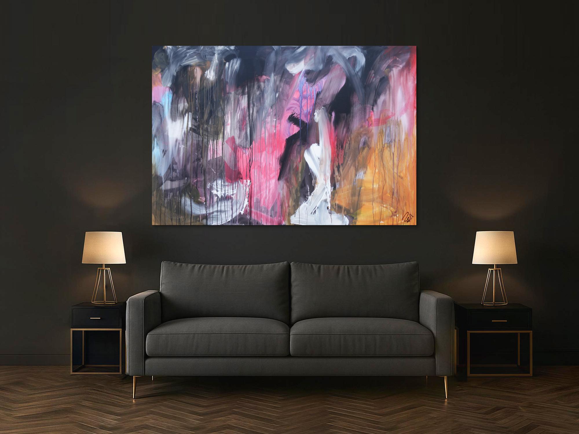 Abstraktes Acrylbild modern Mischtechnik pintk schwarz weiß orange zeitgenössisch