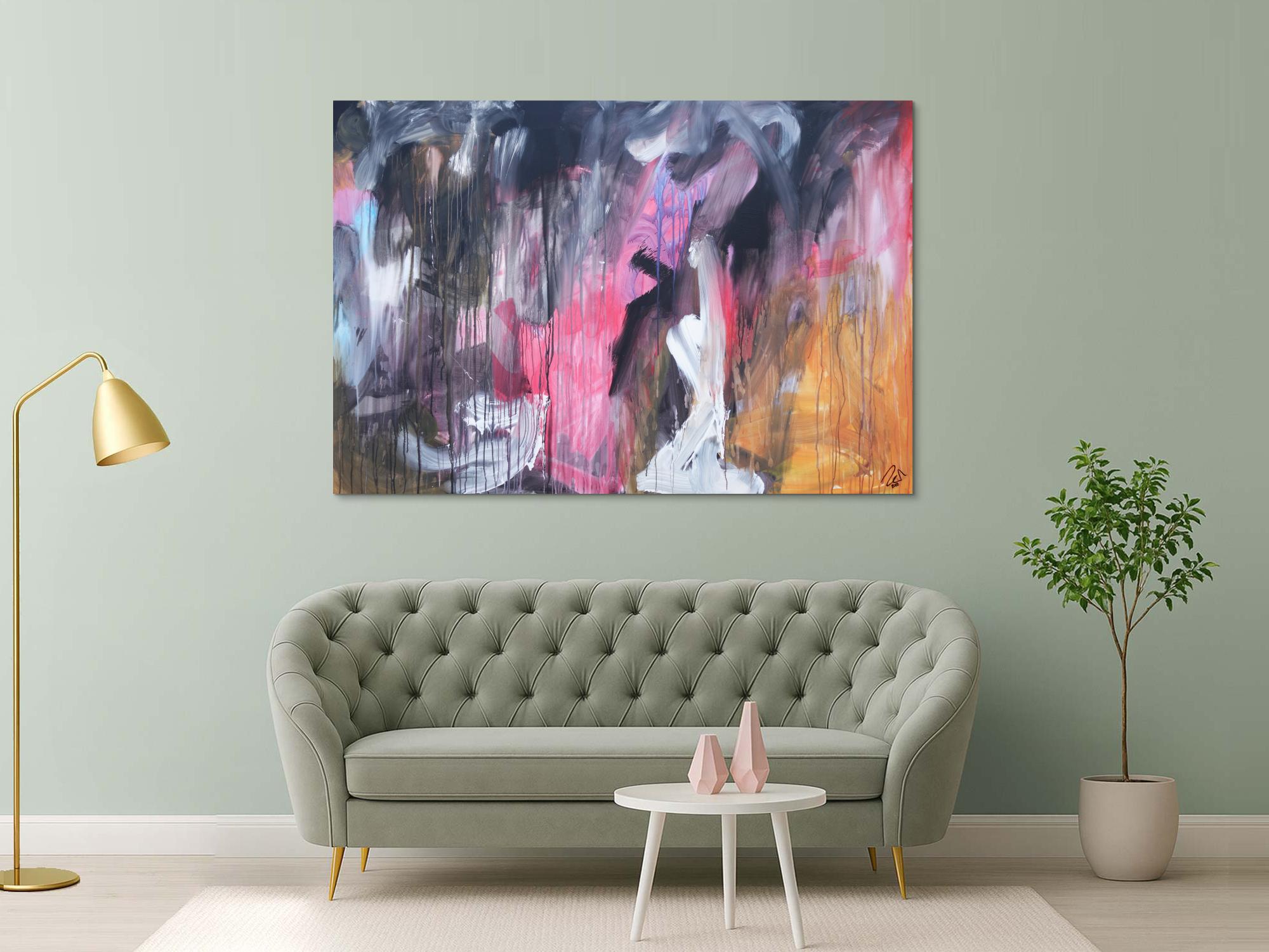 Abstraktes Acrylbild modern Mischtechnik pintk schwarz weiß orange zeitgenössisch