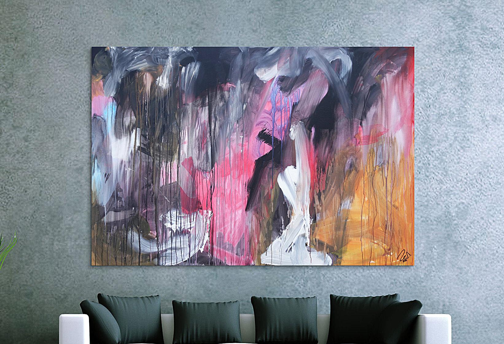 Abstraktes Acrylbild modern Mischtechnik pintk schwarz weiß orange zeitgenössisch
