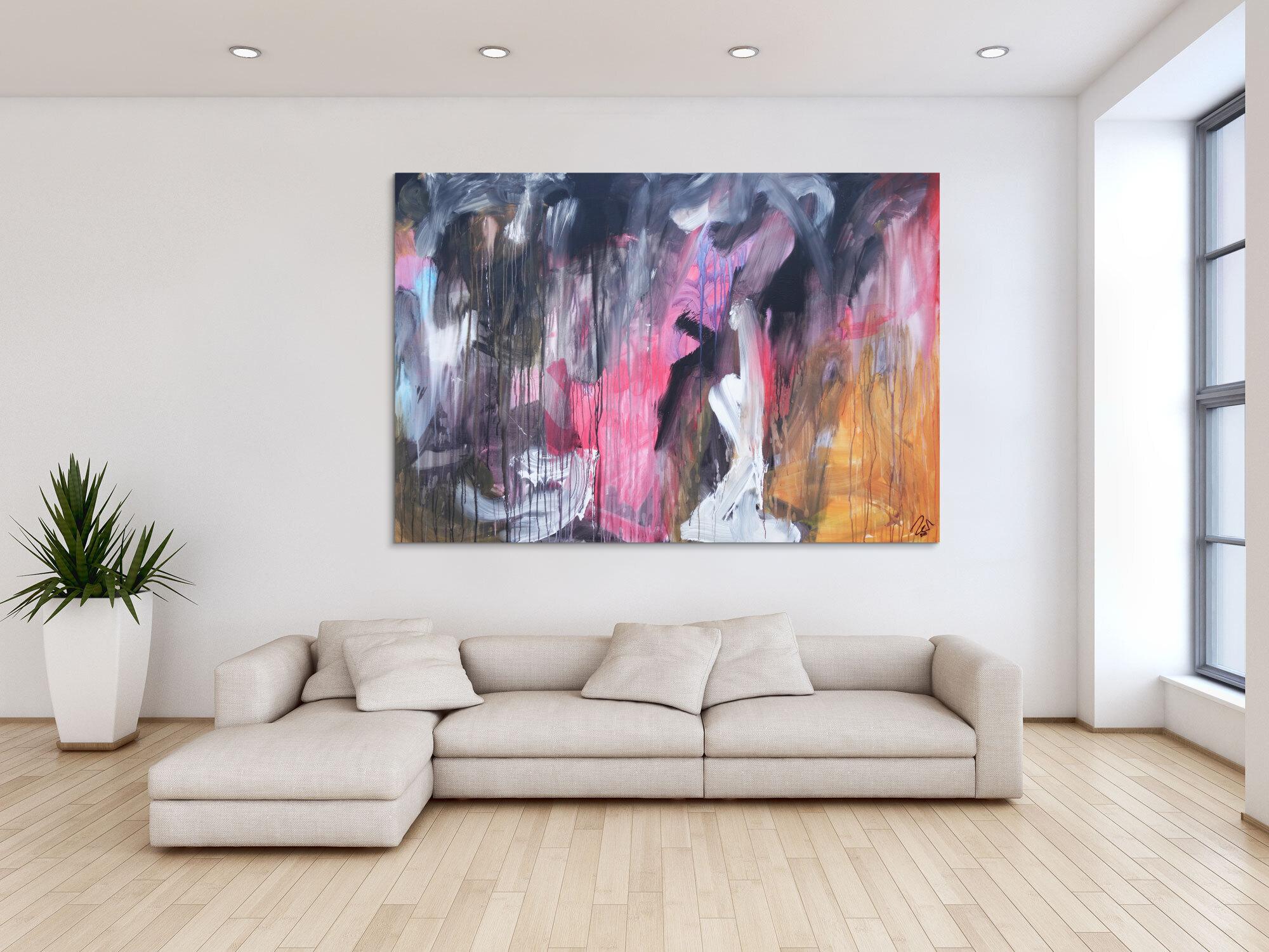 Abstraktes Acrylbild modern Mischtechnik pintk schwarz weiß orange zeitgenössisch