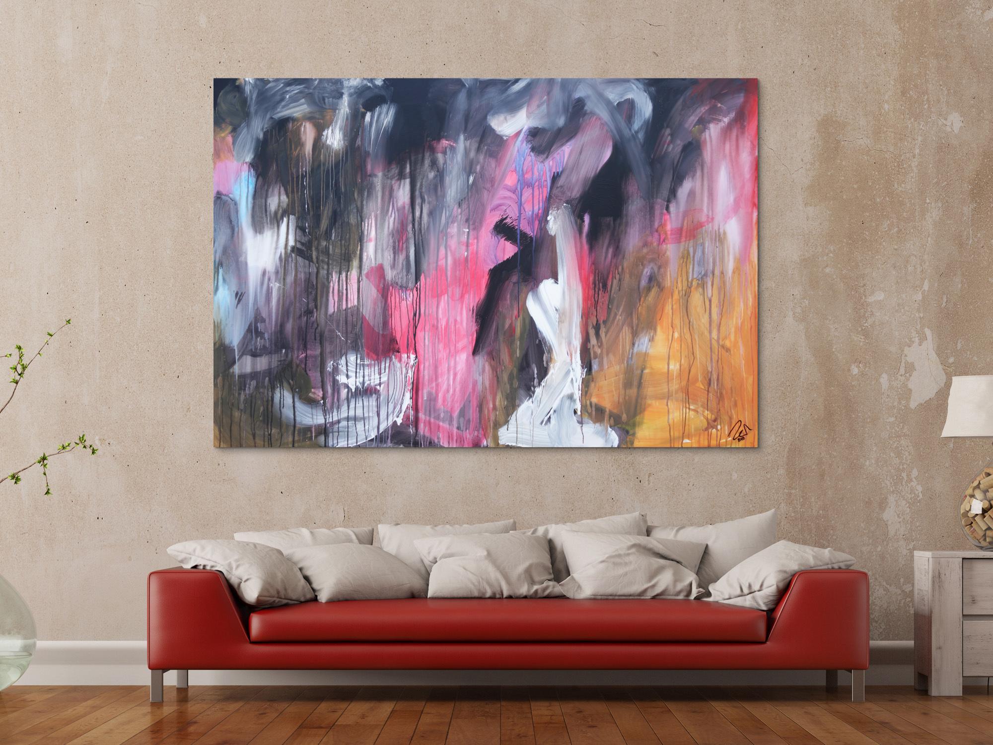 Abstraktes Acrylbild modern Mischtechnik pintk schwarz weiß orange zeitgenössisch