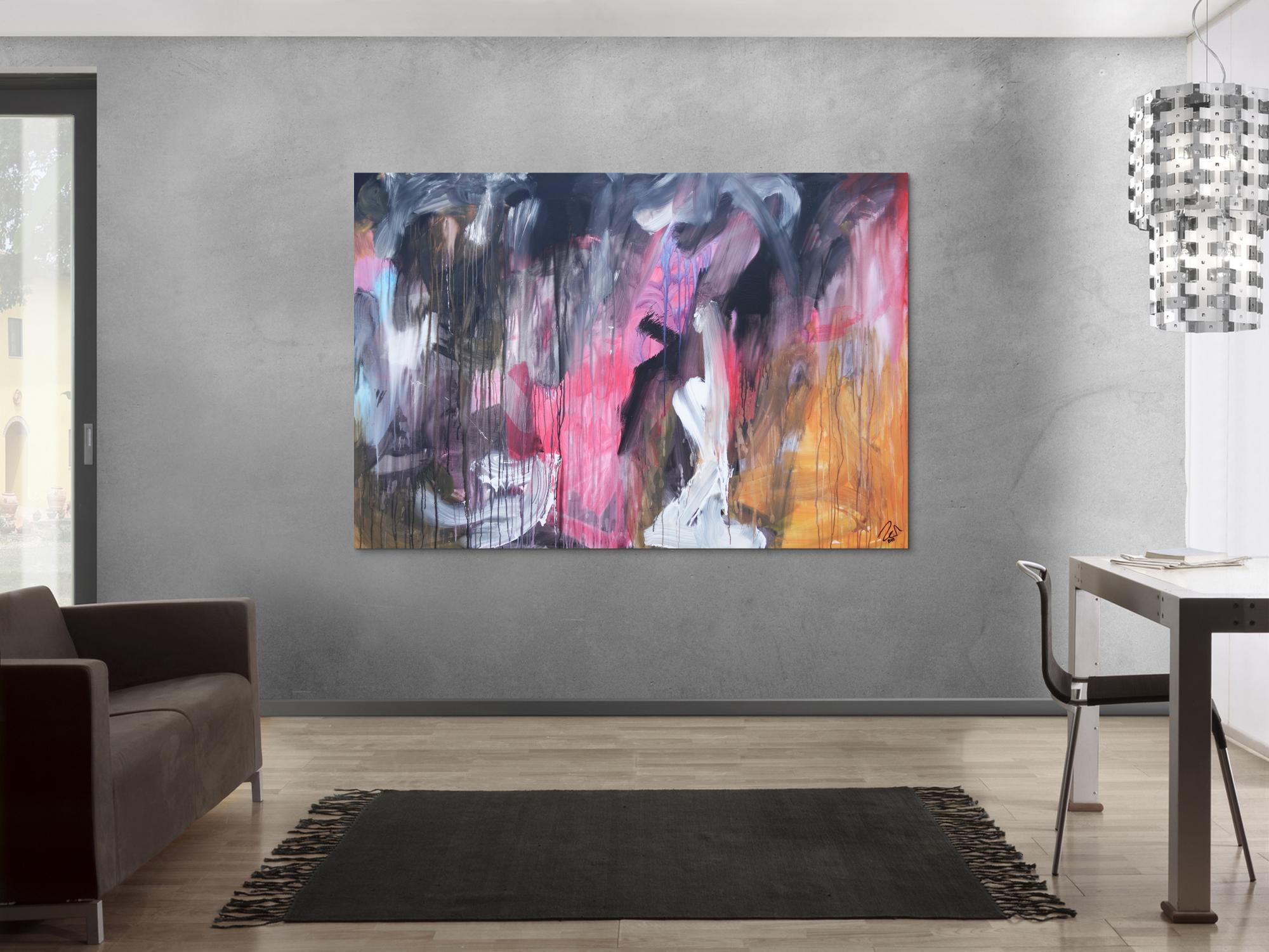 Abstraktes Acrylbild modern Mischtechnik pintk schwarz weiß orange zeitgenössisch