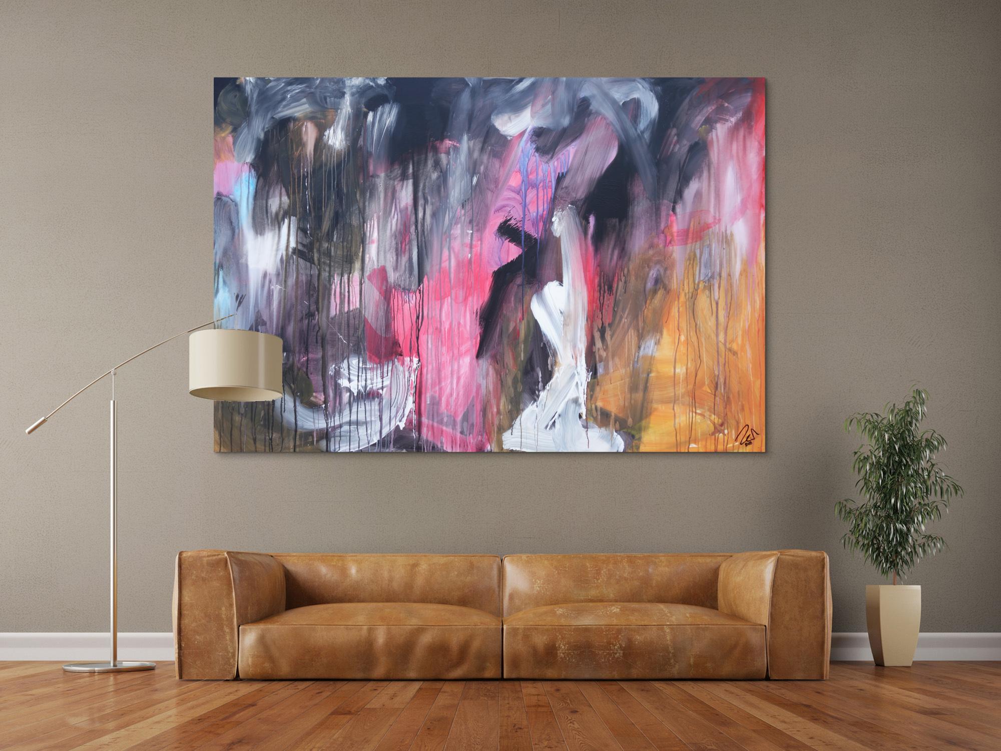 Abstraktes Acrylbild modern Mischtechnik pintk schwarz weiß orange zeitgenössisch