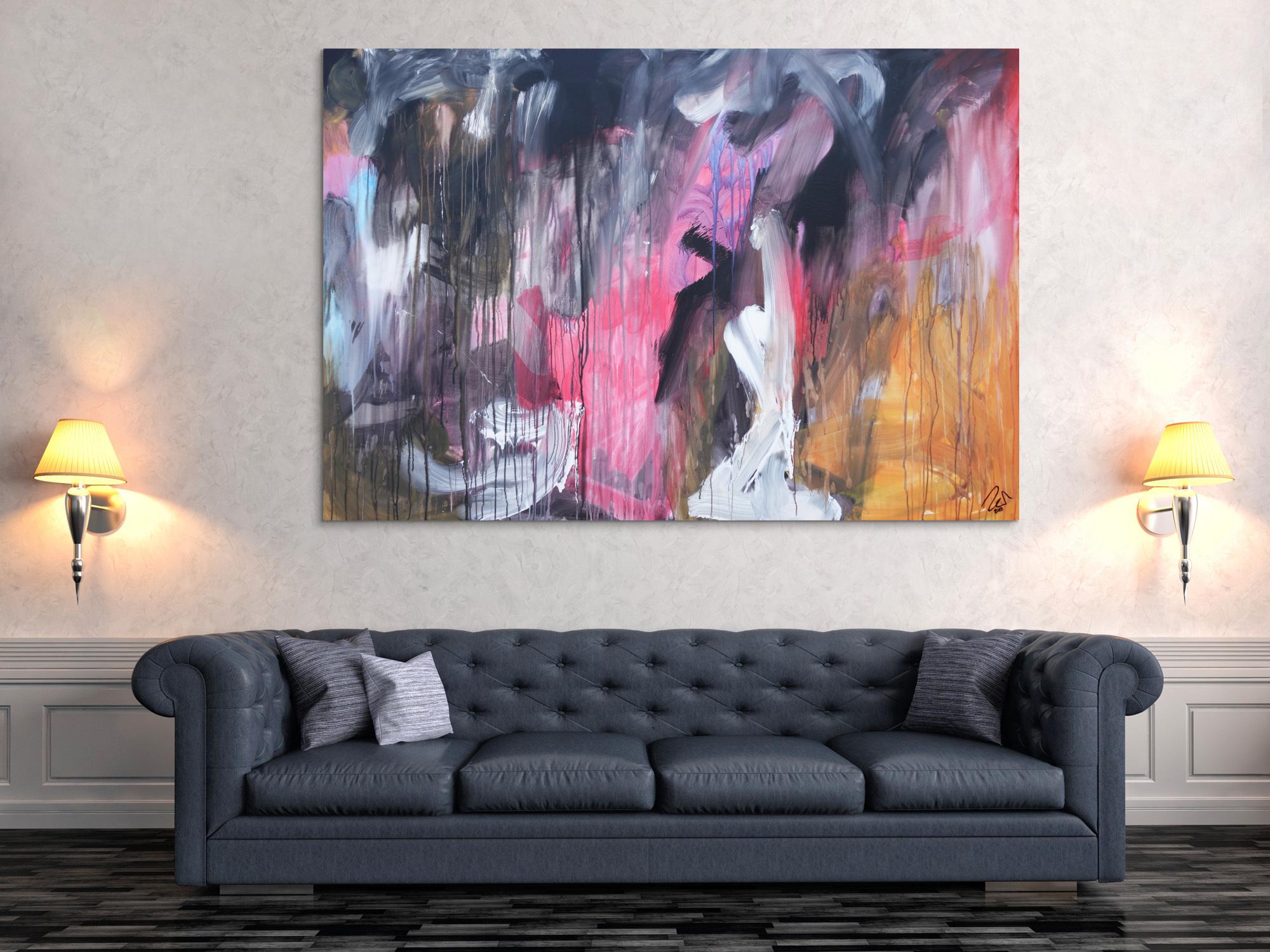 Abstraktes Acrylbild modern Mischtechnik pintk schwarz weiß orange zeitgenössisch