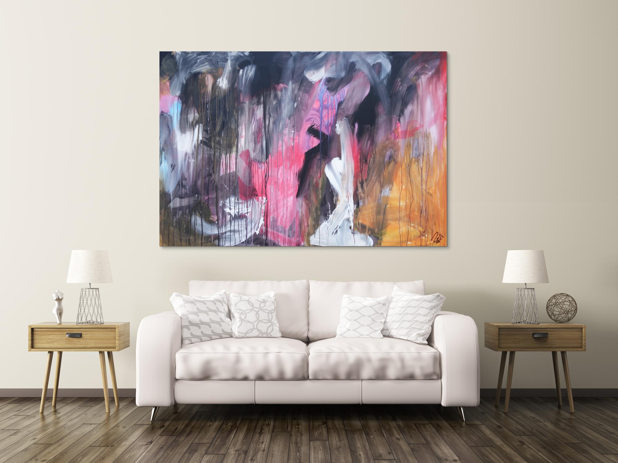 Abstraktes Acrylbild modern Mischtechnik pintk schwarz weiß orange zeitgenössisch