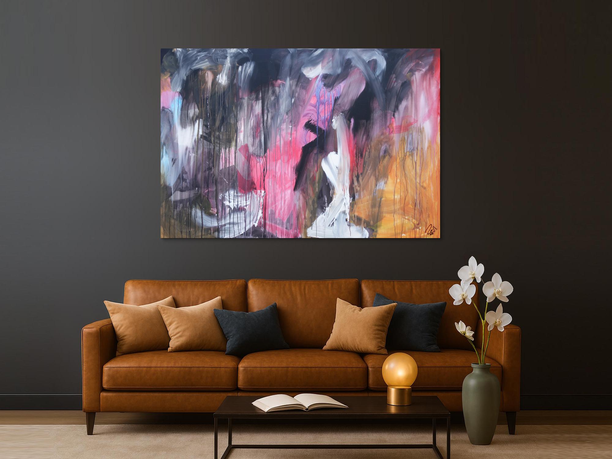 Abstraktes Acrylbild modern Mischtechnik pintk schwarz weiß orange zeitgenössisch