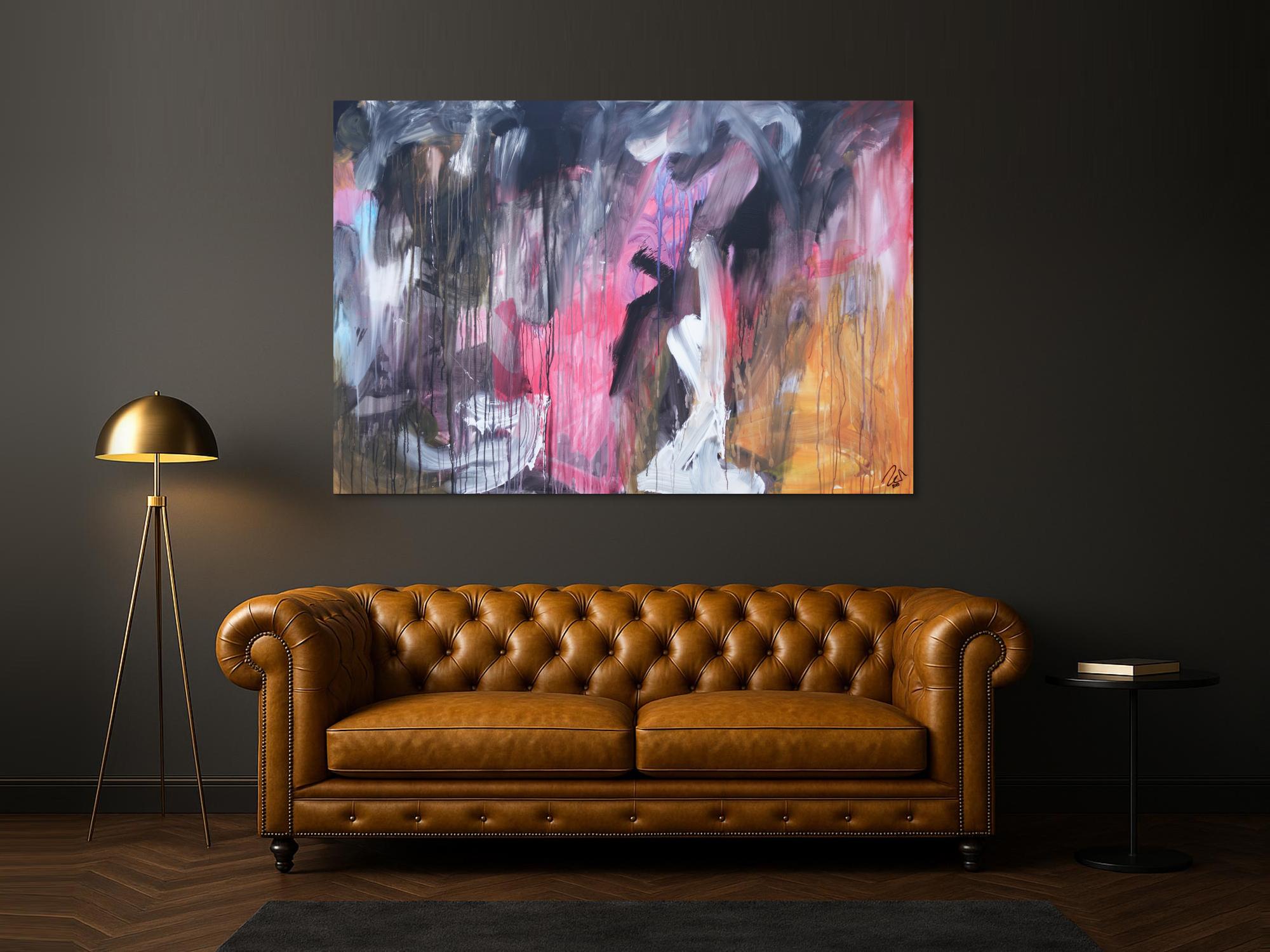 Abstraktes Acrylbild modern Mischtechnik pintk schwarz weiß orange zeitgenössisch