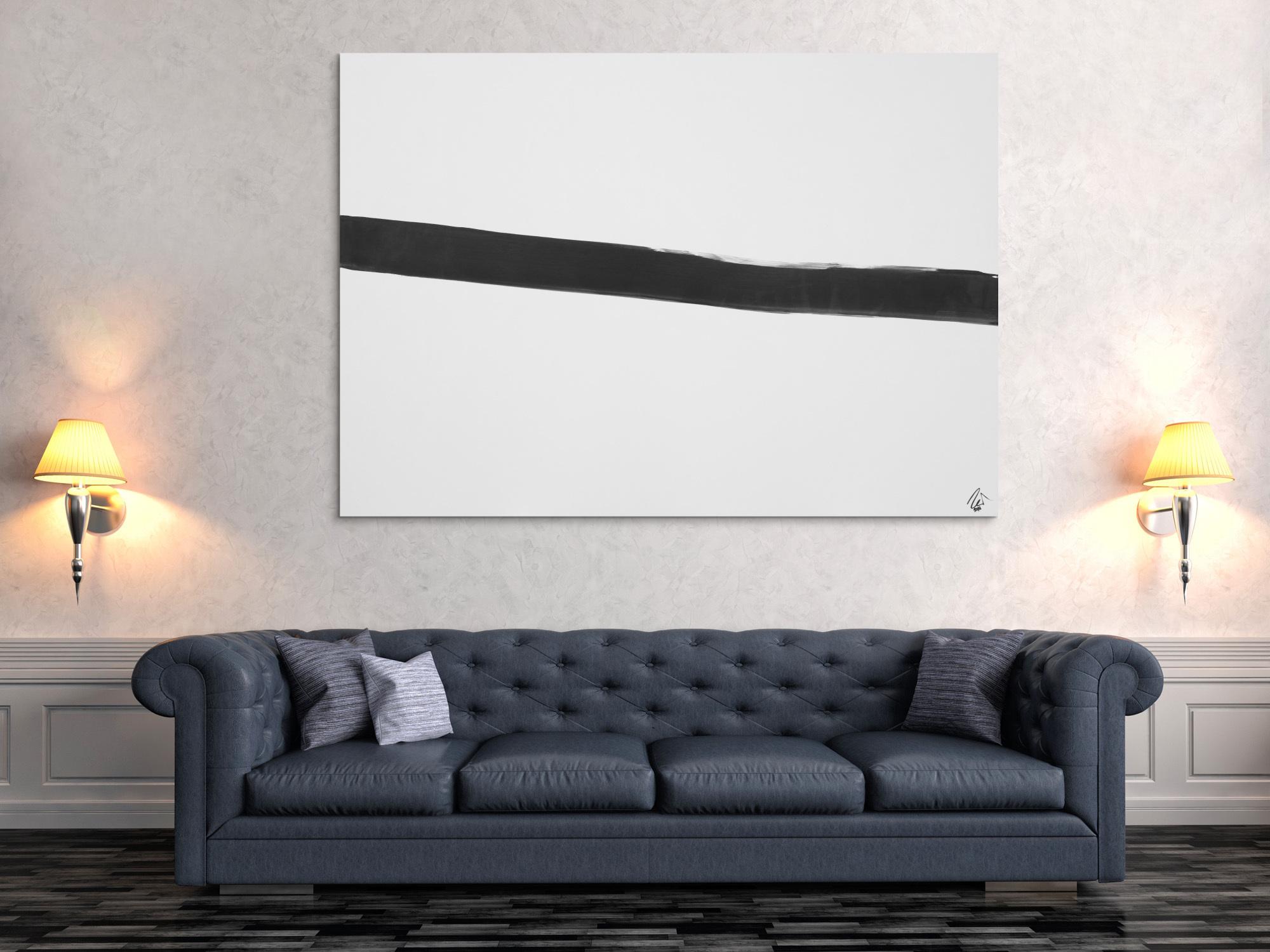 Abstraktes Acrylbild Minimalistisch schwarzer Streifen auf weißem Hintergrund zeitgenössisch schlicht