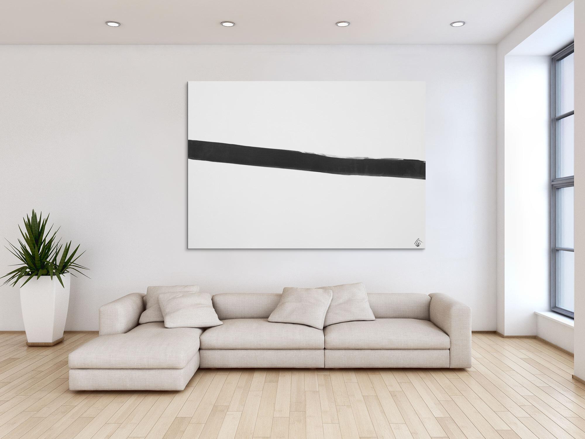 Abstraktes Acrylbild Minimalistisch schwarzer Streifen auf weißem Hintergrund zeitgenössisch schlicht