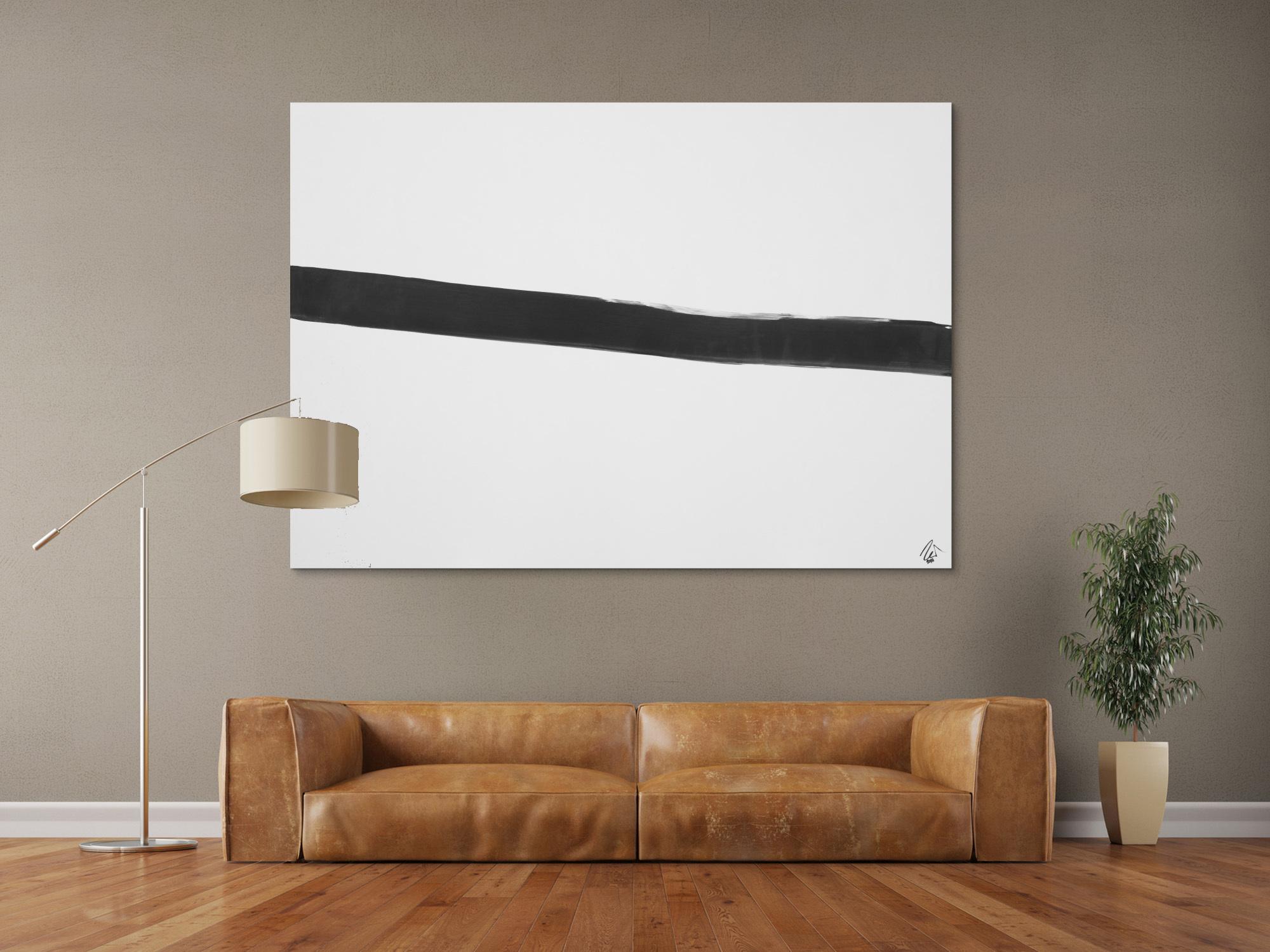 Abstraktes Acrylbild Minimalistisch schwarzer Streifen auf weißem Hintergrund zeitgenössisch schlicht