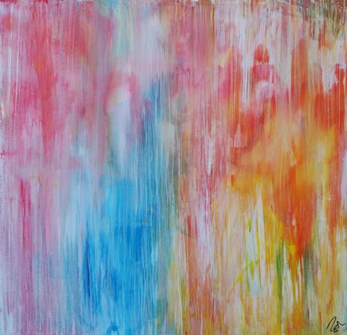 Abstraktes Acrylbild pastell Farben bunt hell modern orange rosa weiß hellblau