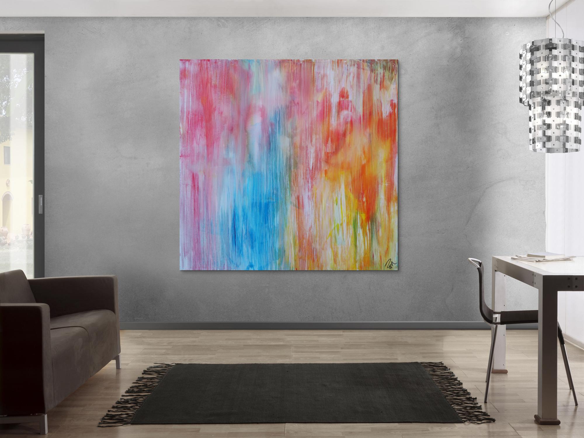 Abstraktes Acrylbild pastell Farben bunt hell modern orange rosa weiß hellblau