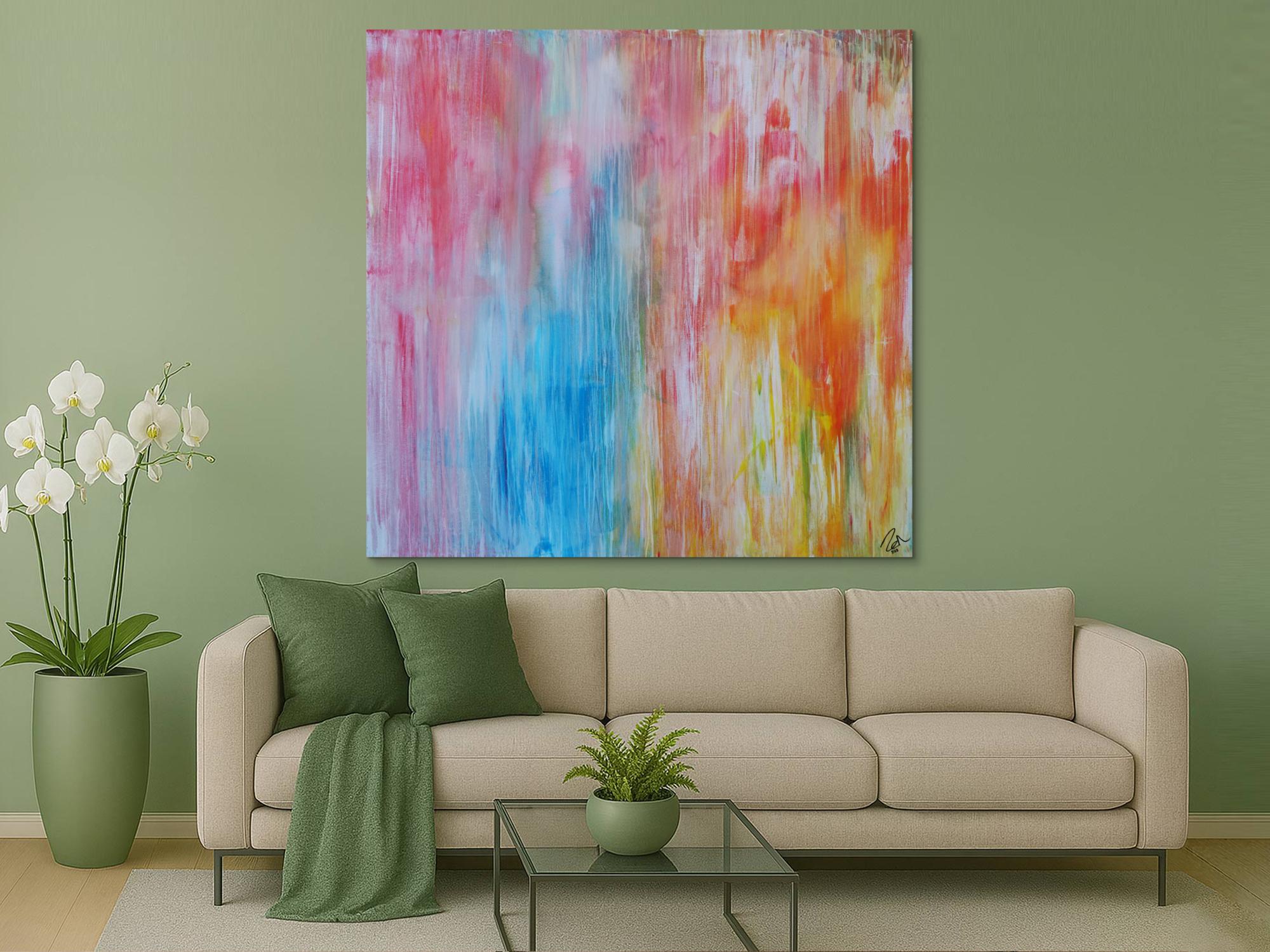 Abstraktes Acrylbild pastell Farben bunt hell modern orange rosa weiß hellblau