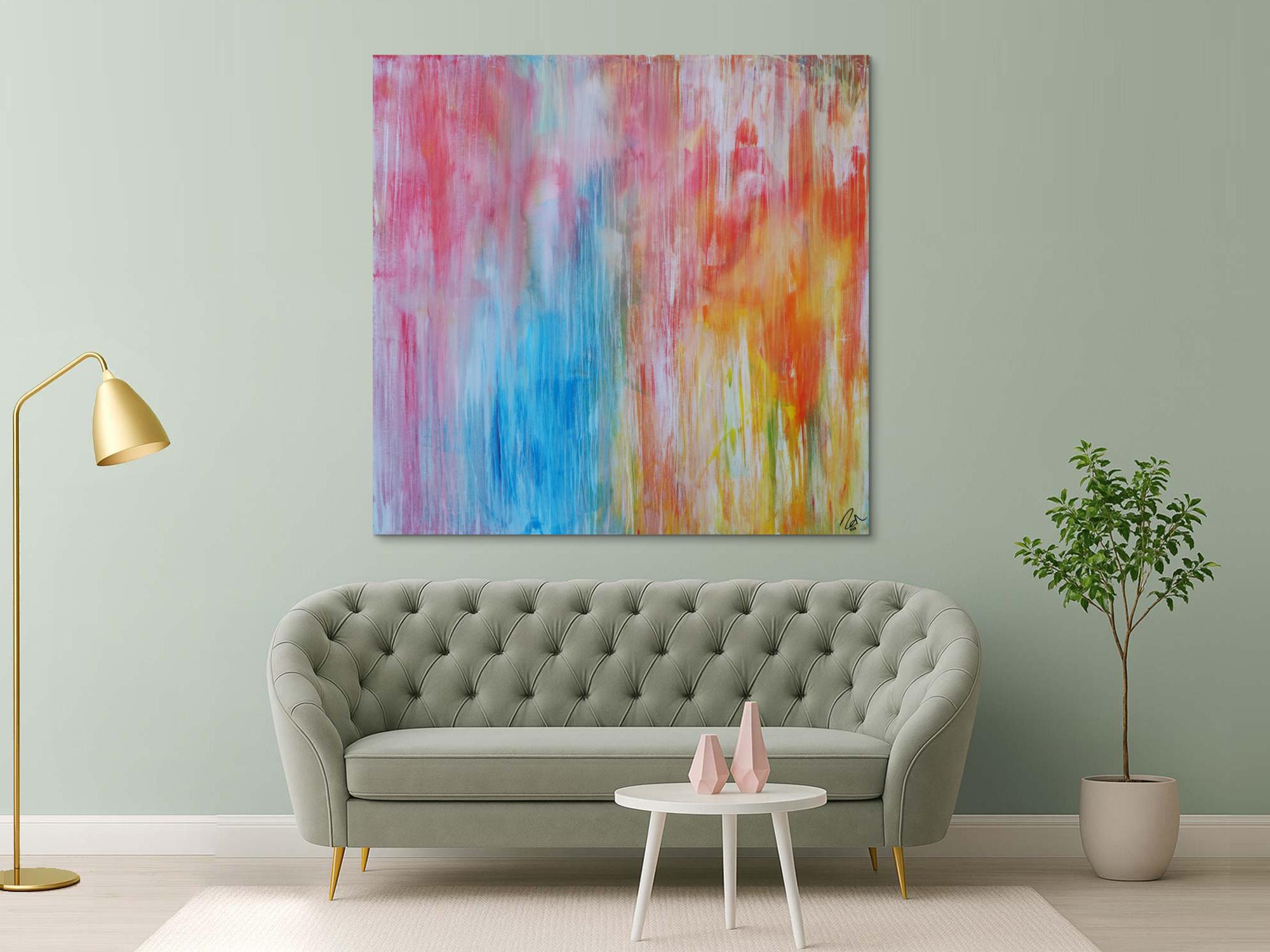 Abstraktes Acrylbild pastell Farben bunt hell modern orange rosa weiß hellblau