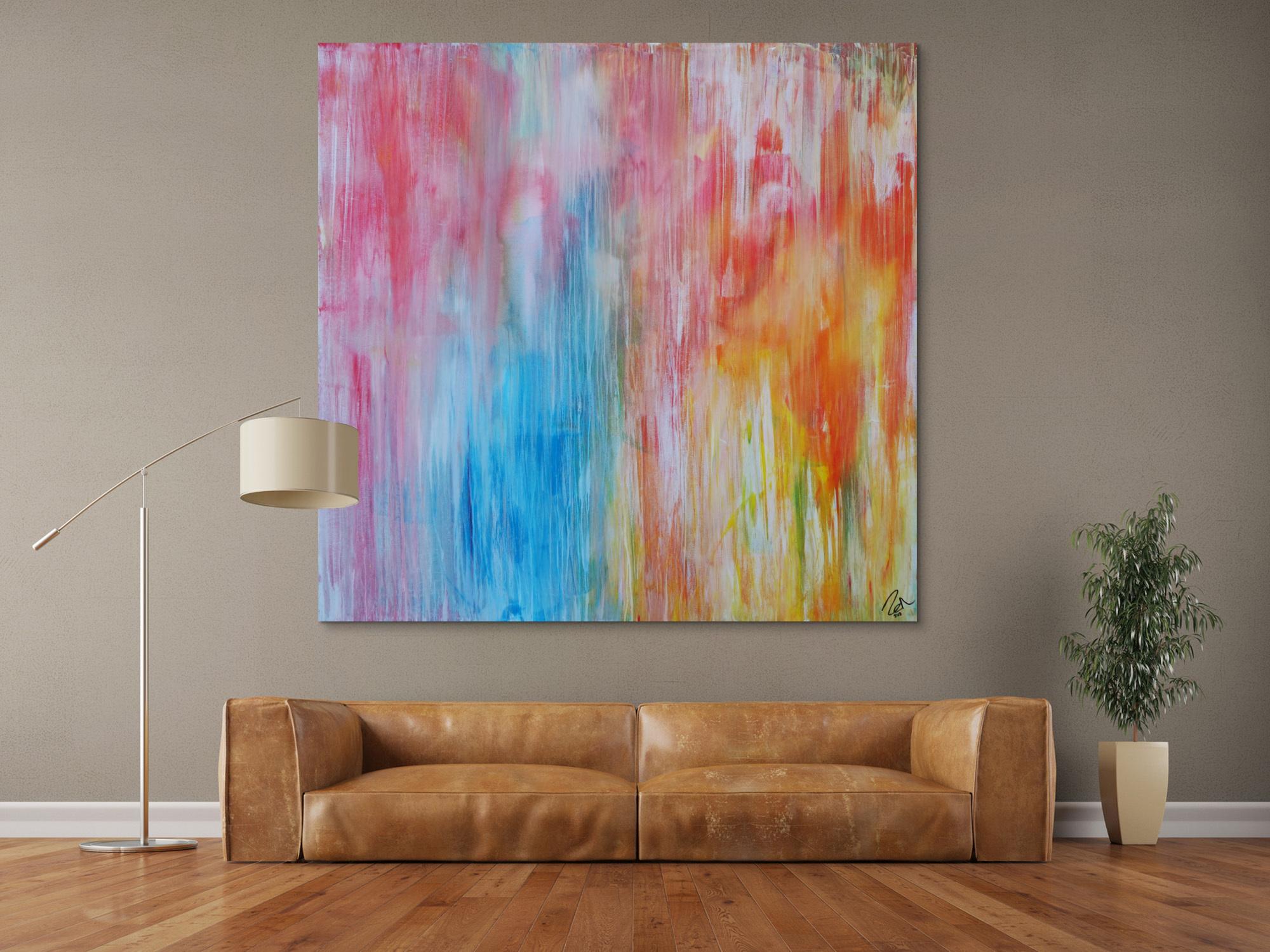 Abstraktes Acrylbild pastell Farben bunt hell modern orange rosa weiß hellblau