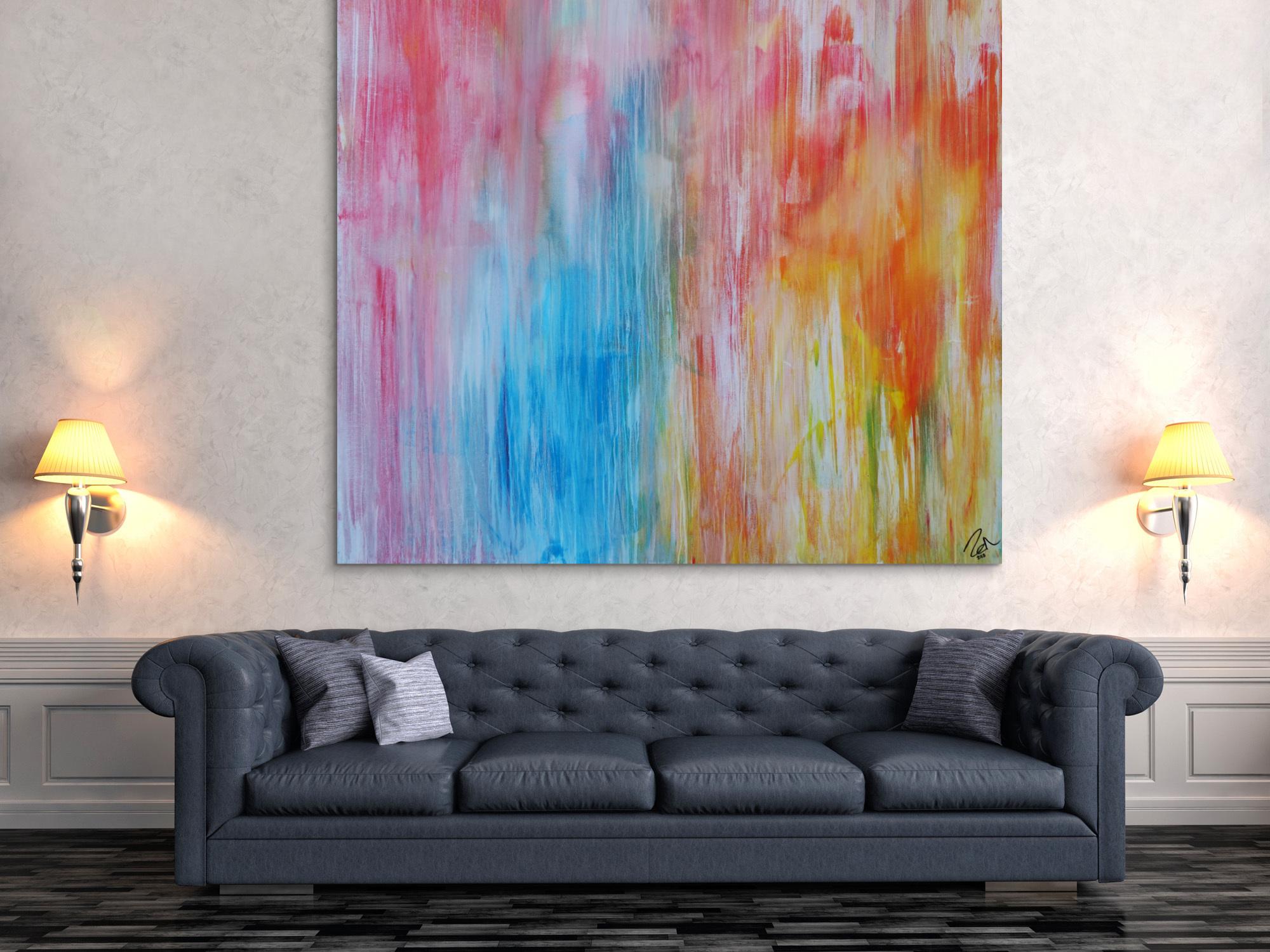 Abstraktes Acrylbild pastell Farben bunt hell modern orange rosa weiß hellblau