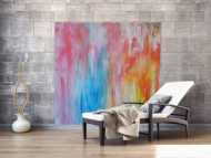 Abstraktes Acrylbild pastell Farben bunt hell modern orange rosa weiß hellblau