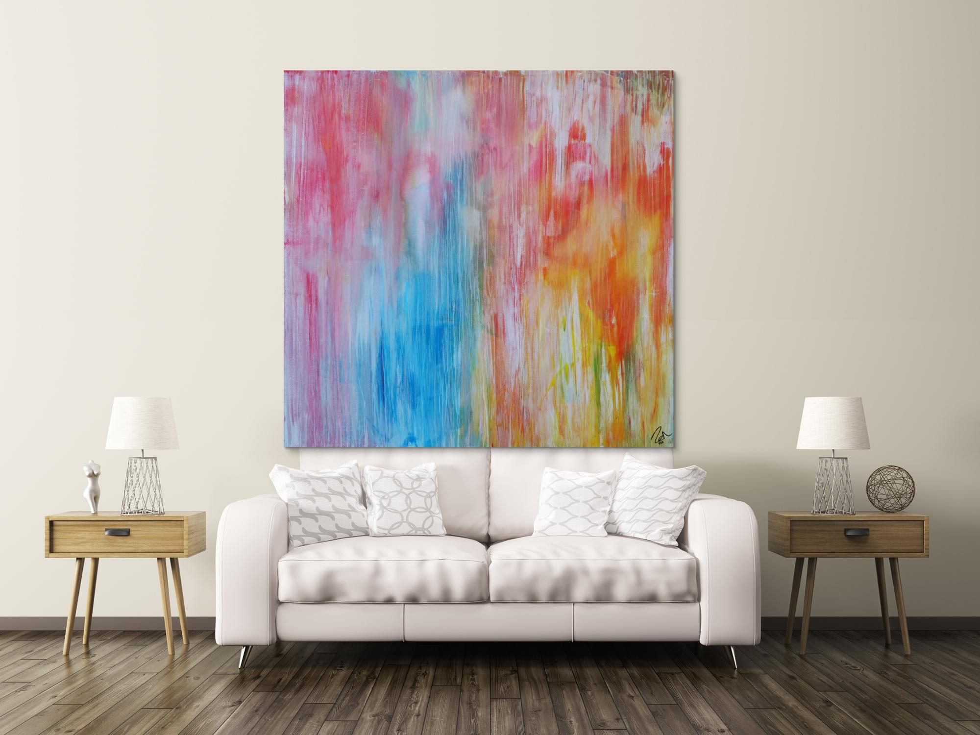 Abstraktes Acrylbild pastell Farben bunt hell modern orange rosa weiß hellblau