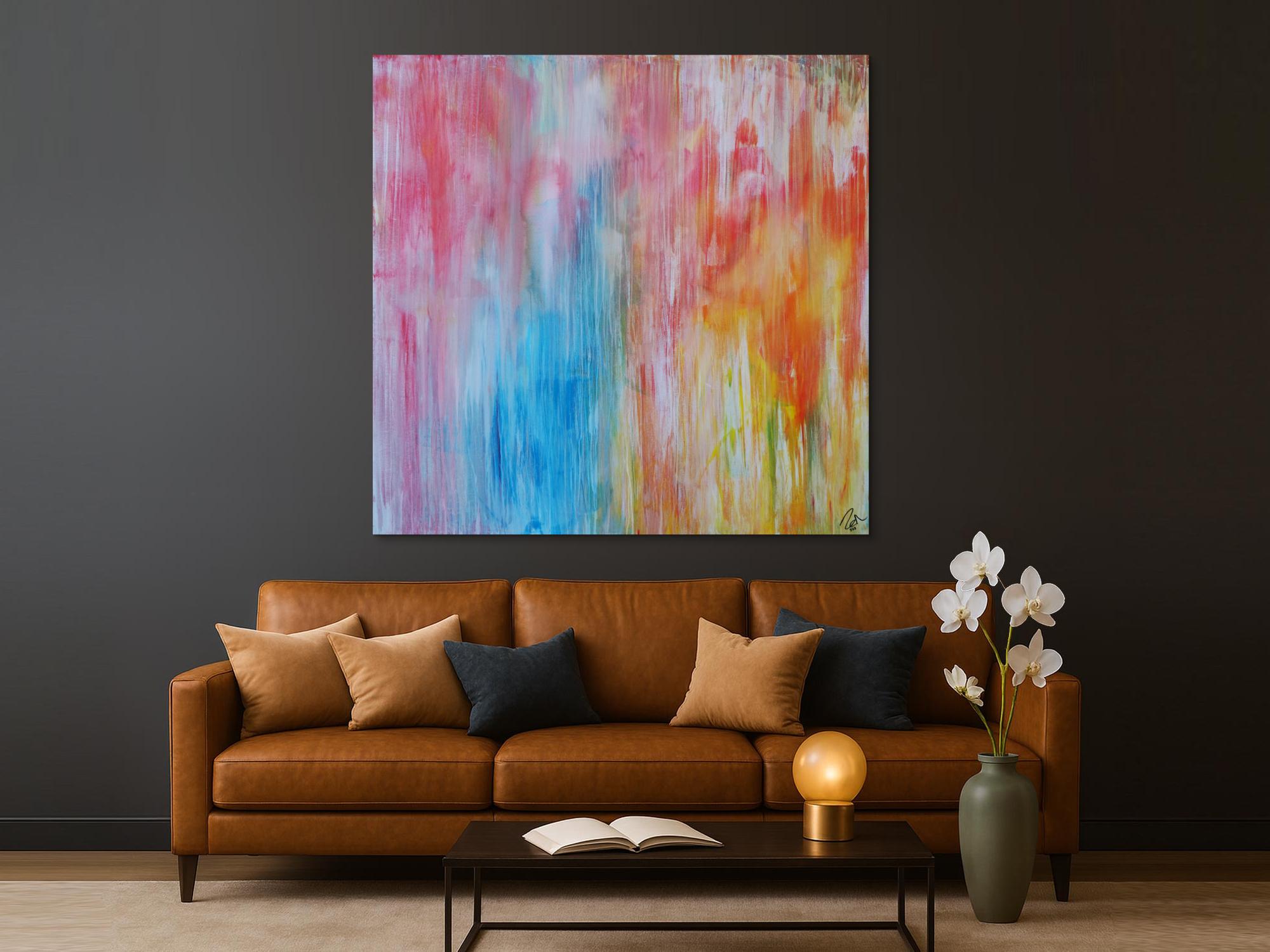 Abstraktes Acrylbild pastell Farben bunt hell modern orange rosa weiß hellblau