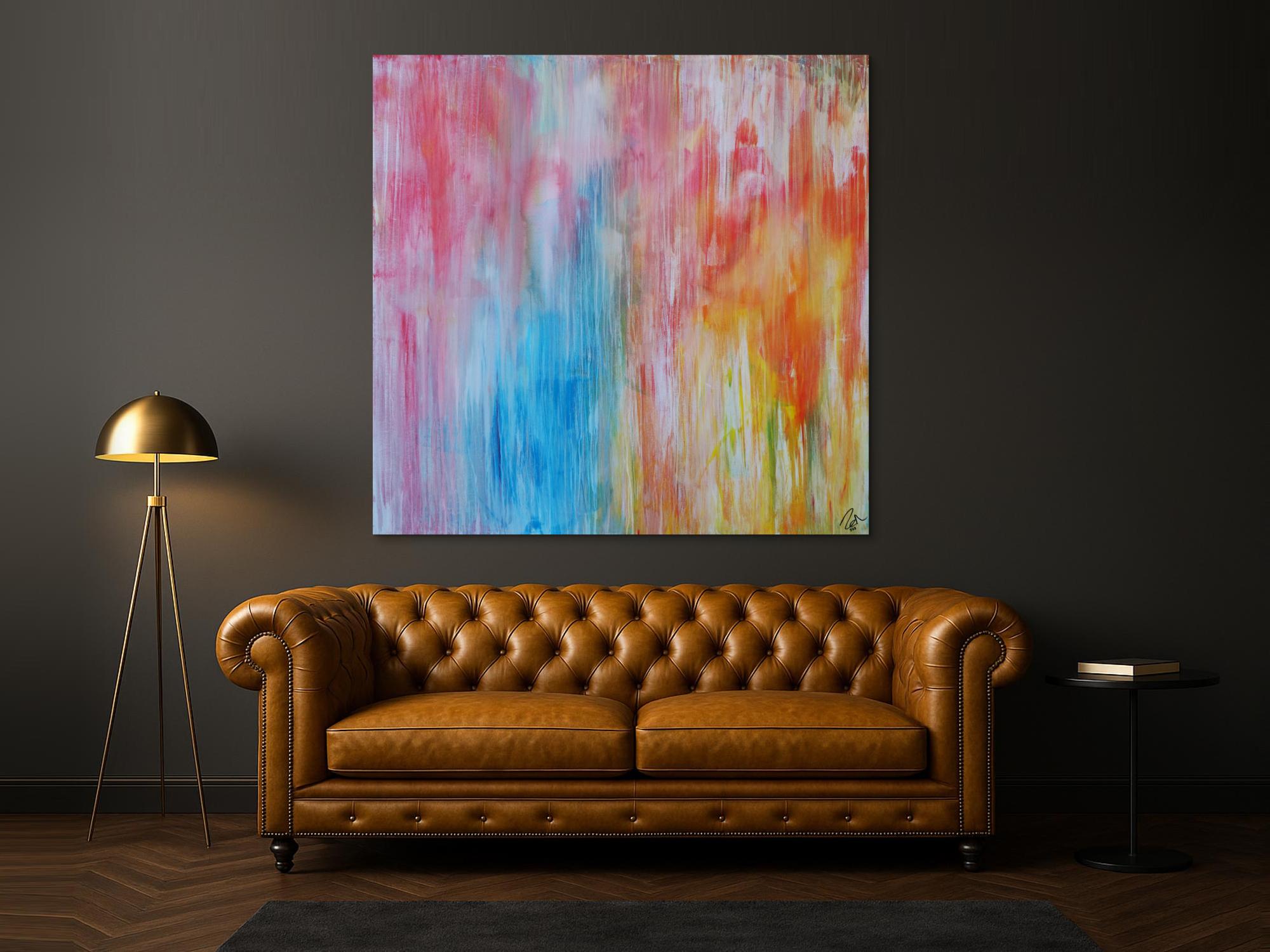 Abstraktes Acrylbild pastell Farben bunt hell modern orange rosa weiß hellblau