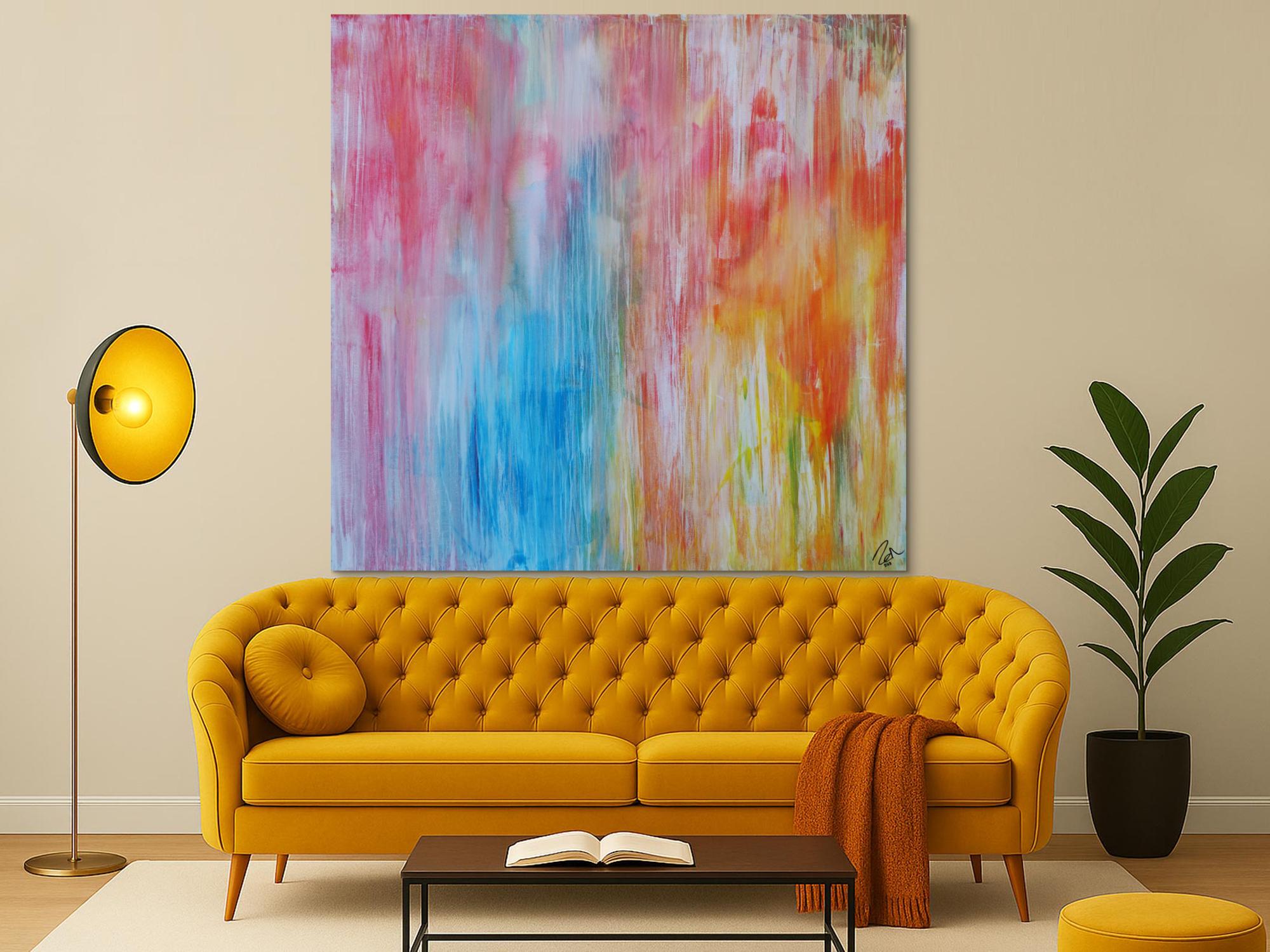 Abstraktes Acrylbild pastell Farben bunt hell modern orange rosa weiß hellblau