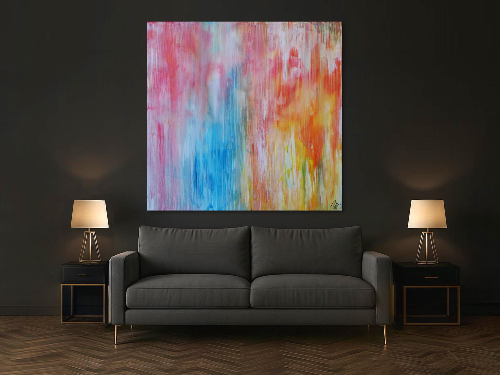 Abstraktes Acrylbild pastell Farben bunt hell modern orange rosa weiß hellblau