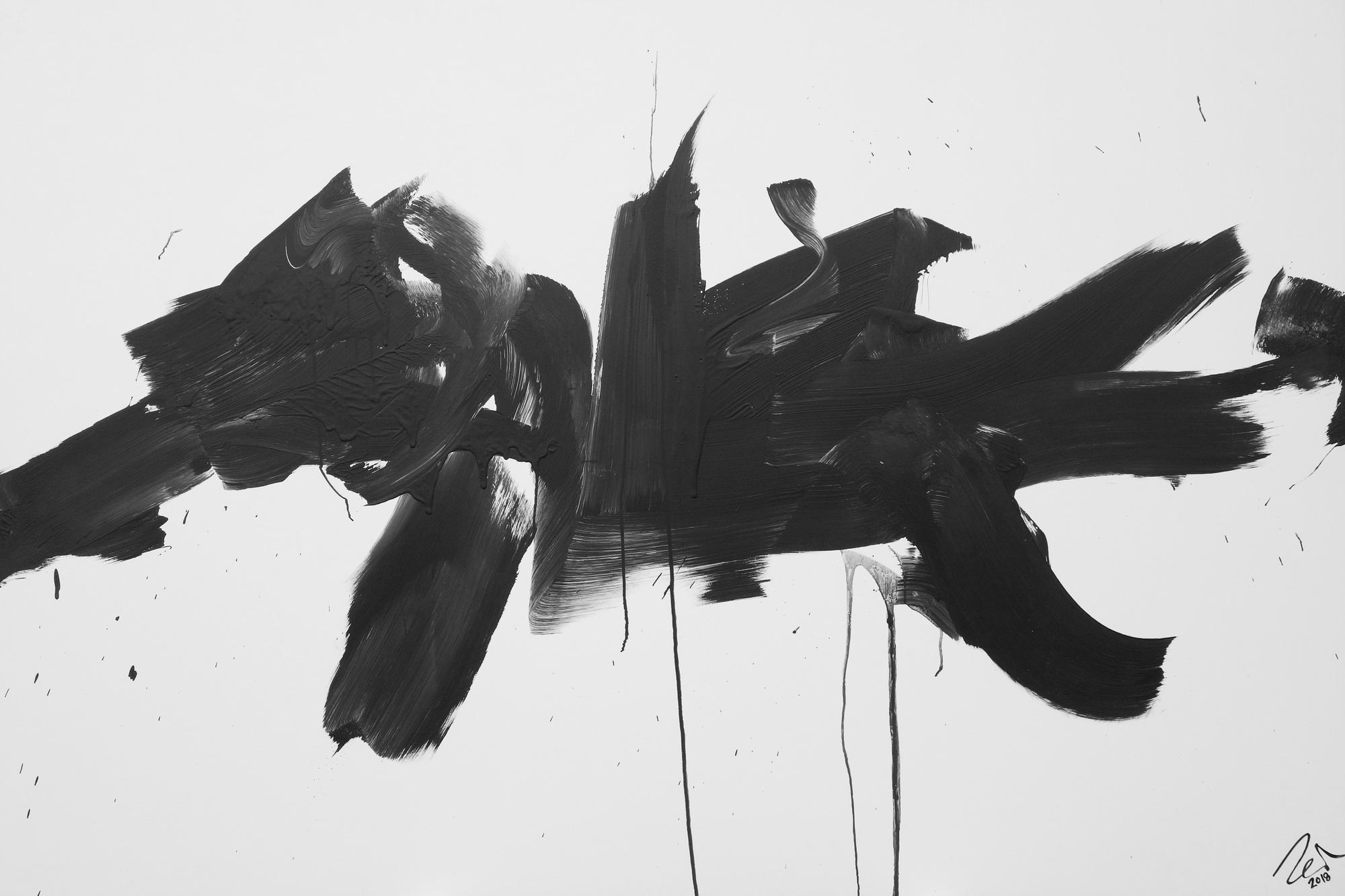 Abstraktes Acrylbild Action Painting schwarz weiß auf Leinwand modern schlicht