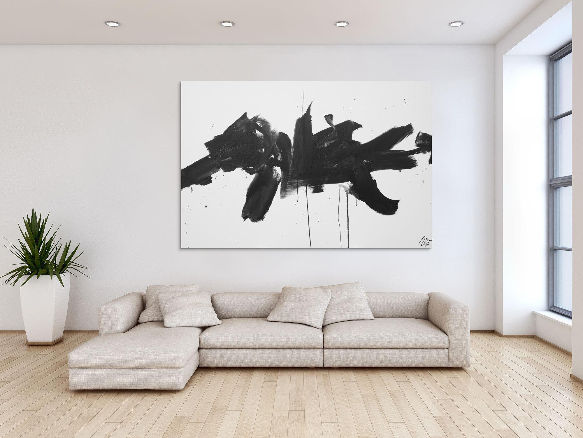 Abstraktes Acrylbild Action Painting schwarz weiß auf Leinwand modern schlicht