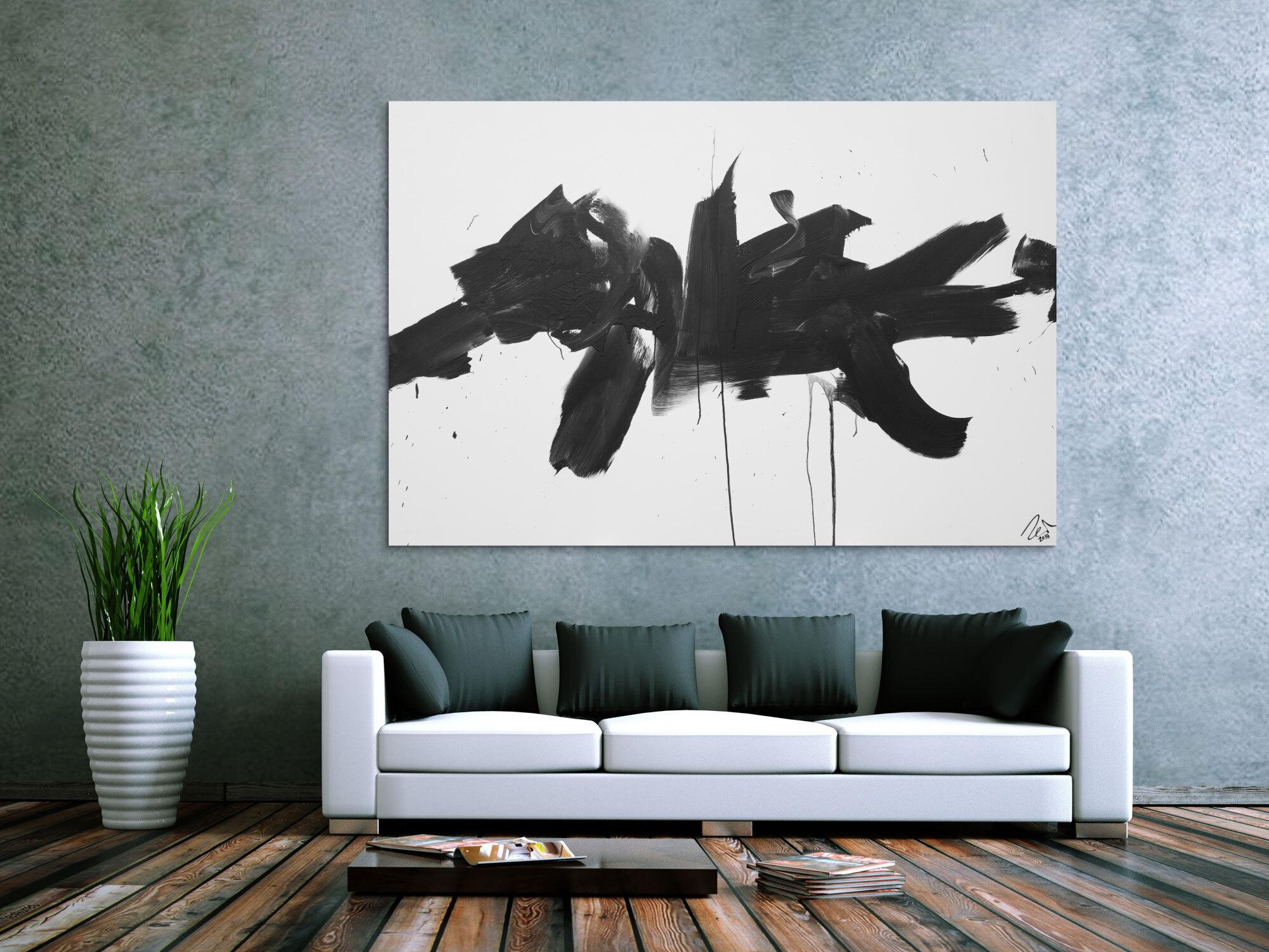 Abstraktes Acrylbild Action Painting schwarz weiß auf Leinwand modern schlicht