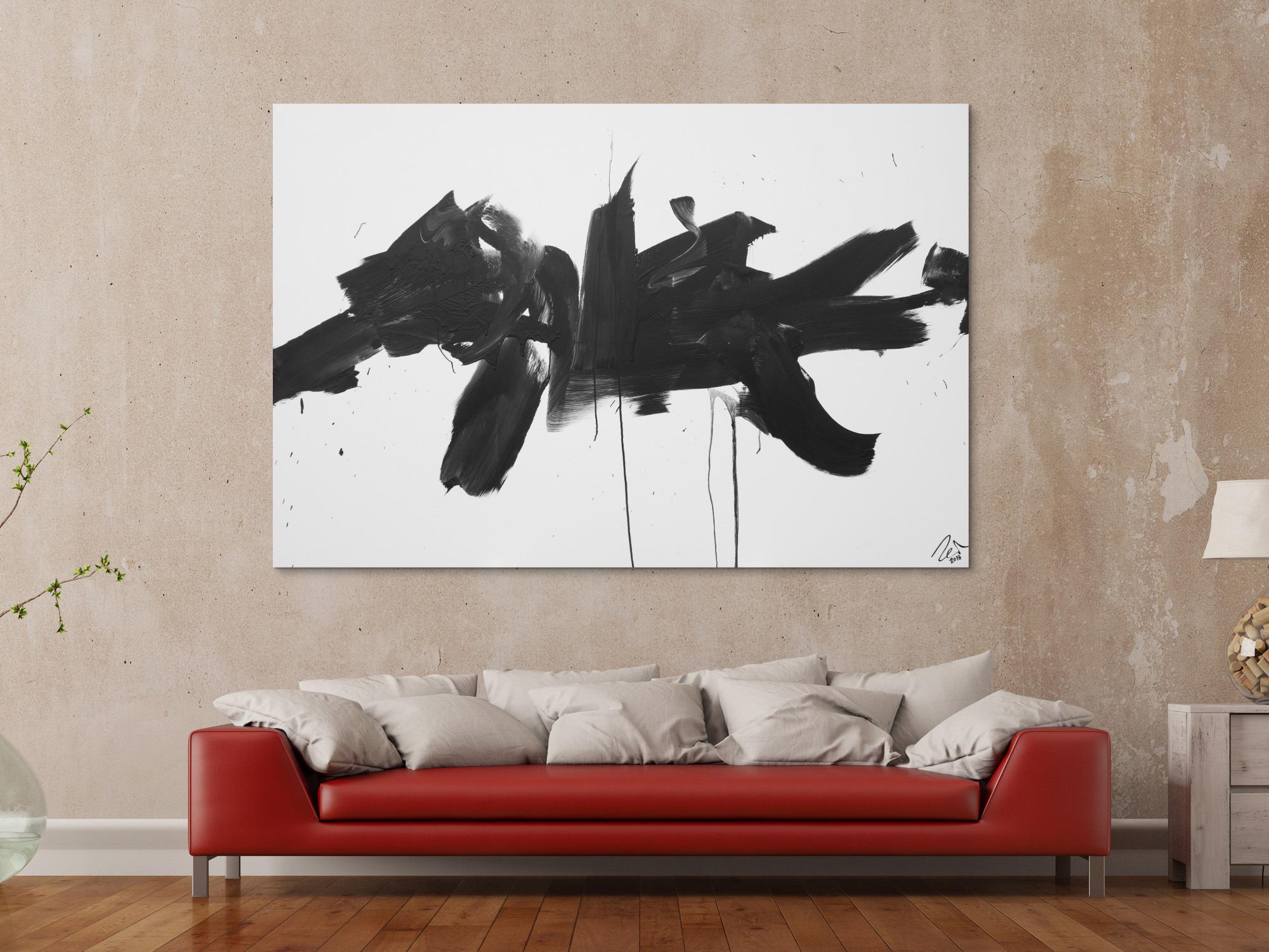 Abstraktes Acrylbild Action Painting schwarz weiß auf Leinwand modern schlicht