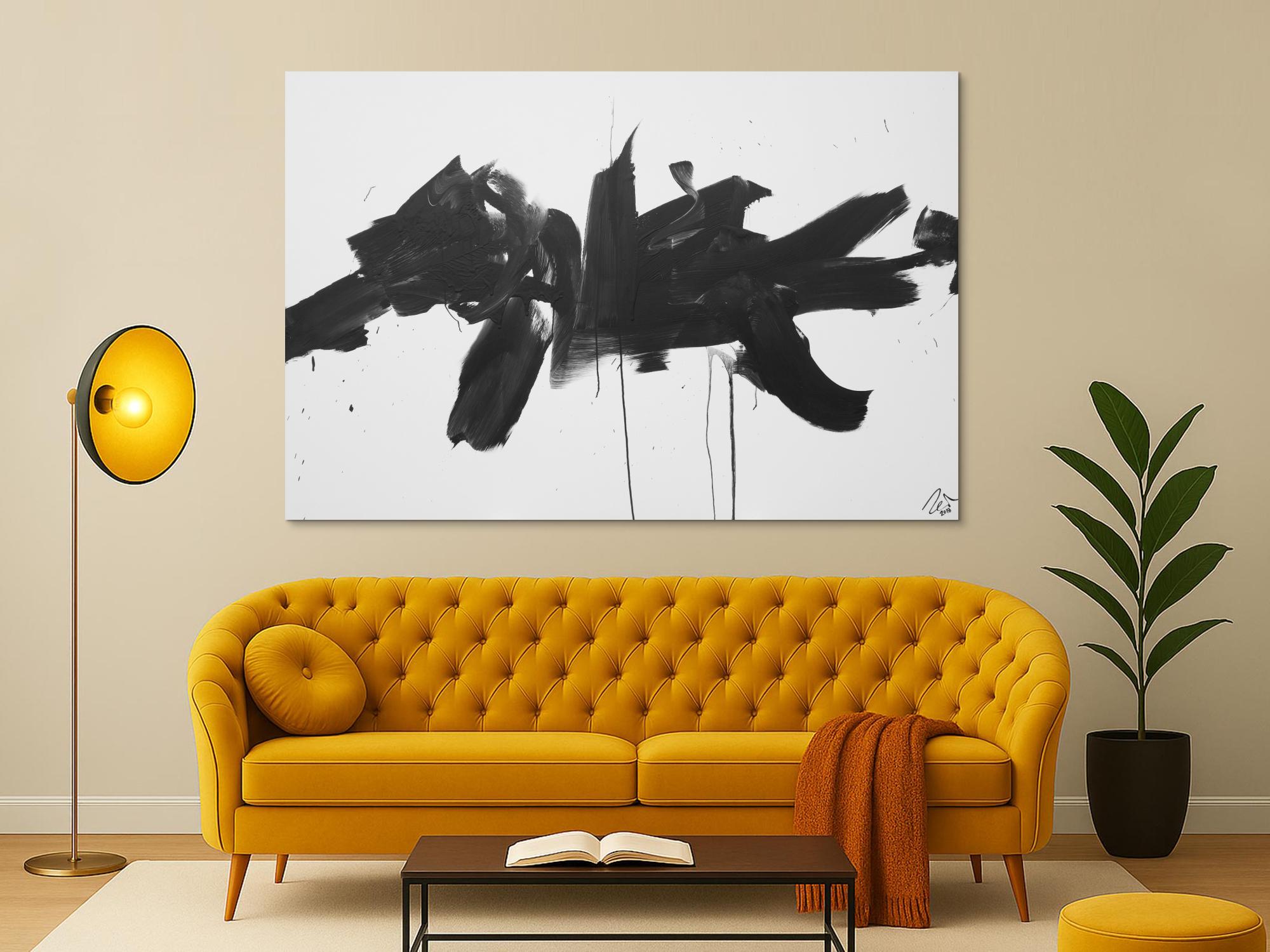 Abstraktes Acrylbild Action Painting schwarz weiß auf Leinwand modern schlicht