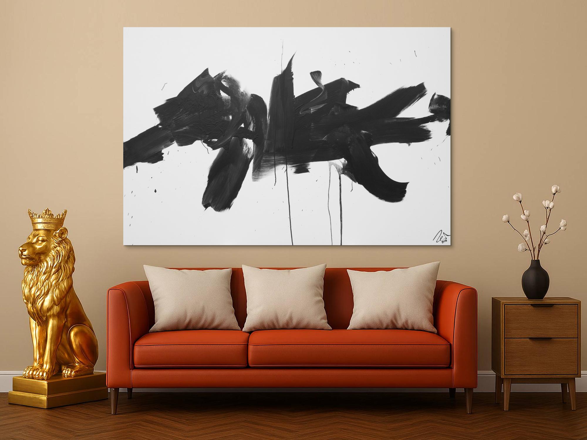 Abstraktes Acrylbild Action Painting schwarz weiß auf Leinwand modern schlicht