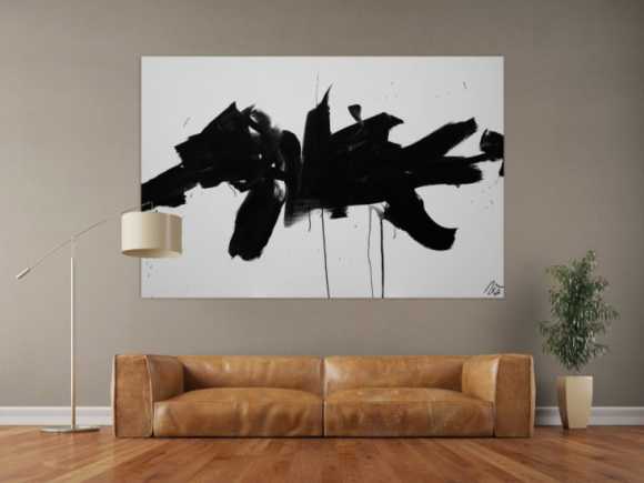 Abstraktes Acrylbild Action Painting schwarz weiß auf Leinwand modern schlicht