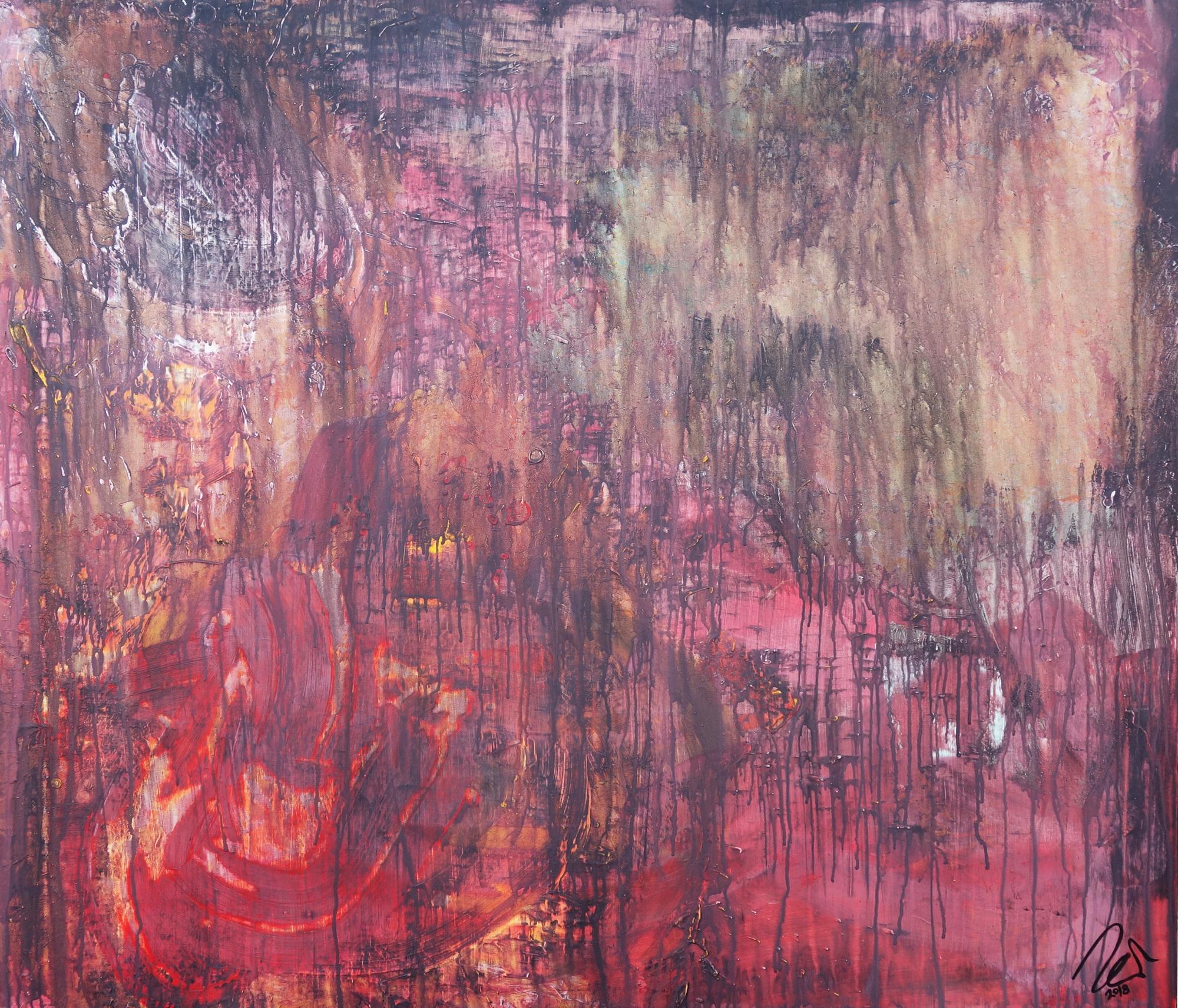 Abstraktes Acrylbild moderne Mischtechnik in rot orange altrosa anthrazit