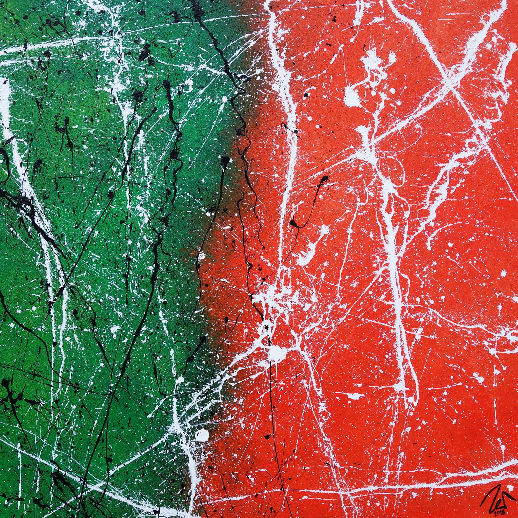 Abstraktes Acrylbild orange grün schwarz weiß sehr modern zeitgenössisch expressionistisch