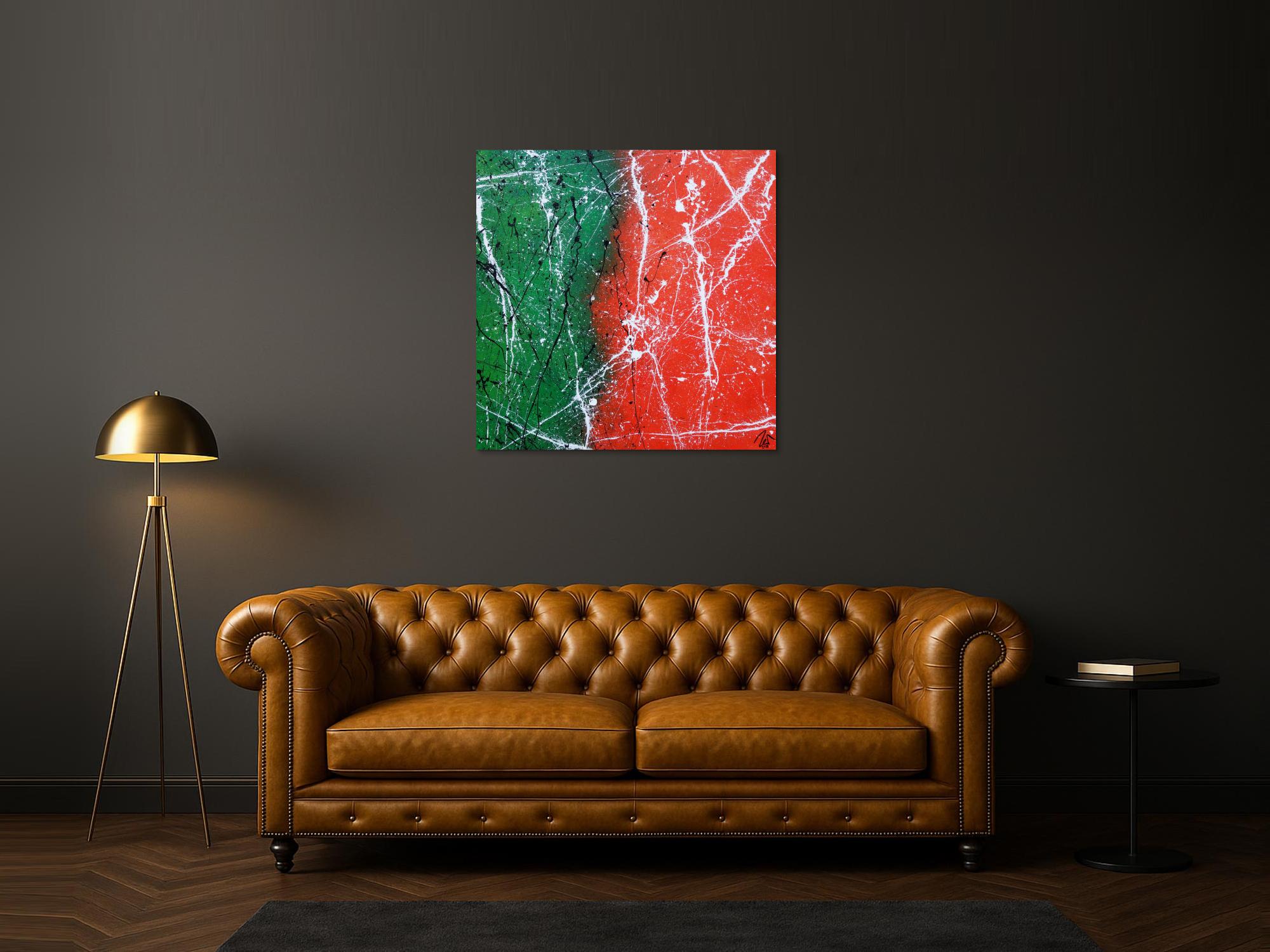 Abstraktes Acrylbild orange grün schwarz weiß sehr modern zeitgenössisch expressionistisch