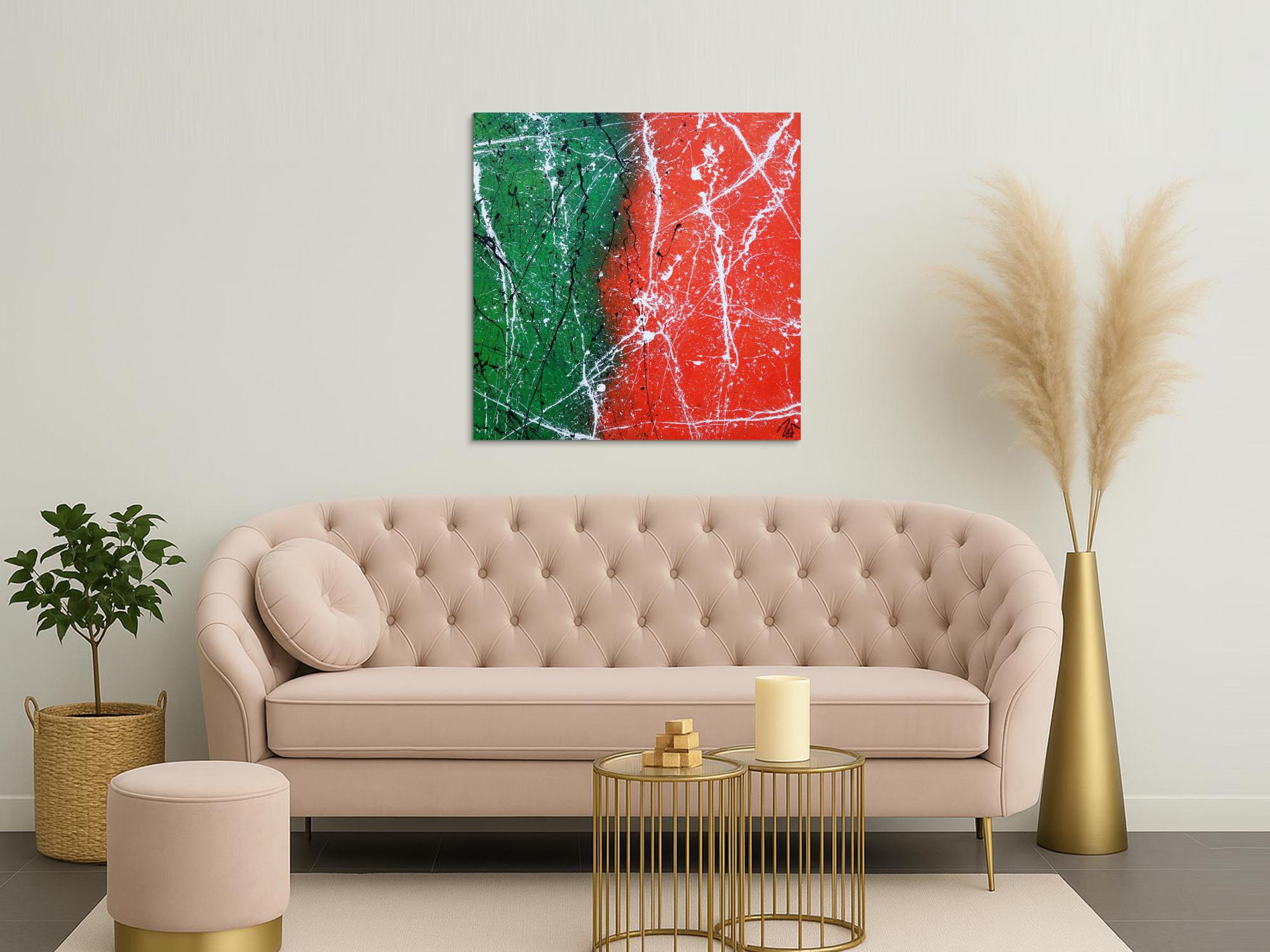 Abstraktes Acrylbild orange grün schwarz weiß sehr modern zeitgenössisch expressionistisch